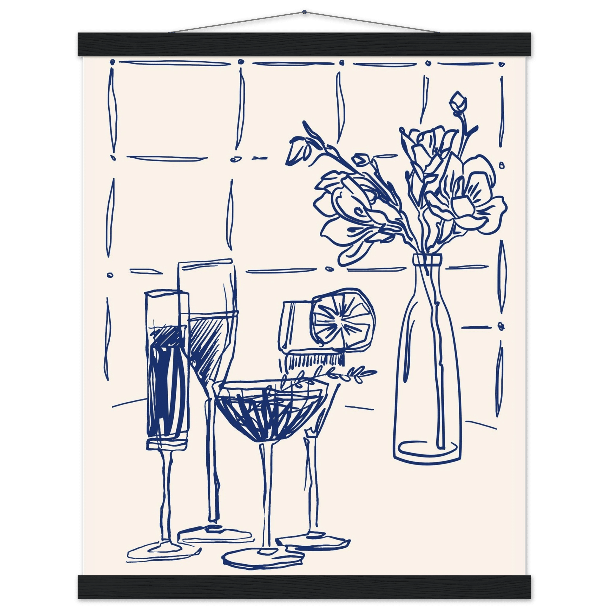 Cocktails & Flowers Print | Navy Blue Line Art Drinks Wall Art | Kitchen Bar Poster - Evergreen Posters