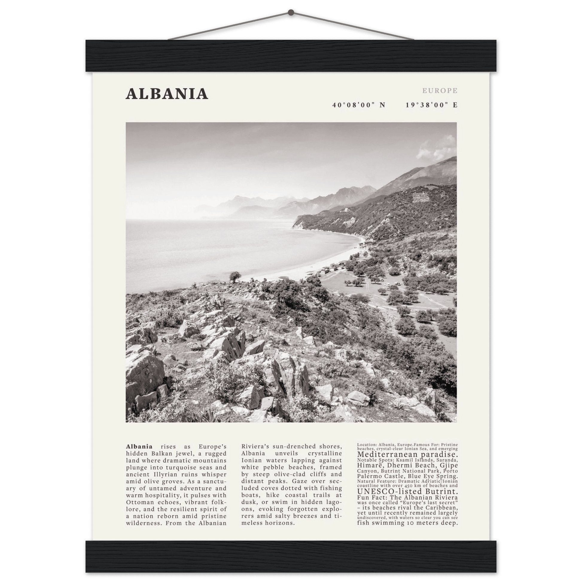 Albania Poster Black and White – Vintage Albanian Riviera Travel Print (Digital & Printed Options) - Evergreen Posters