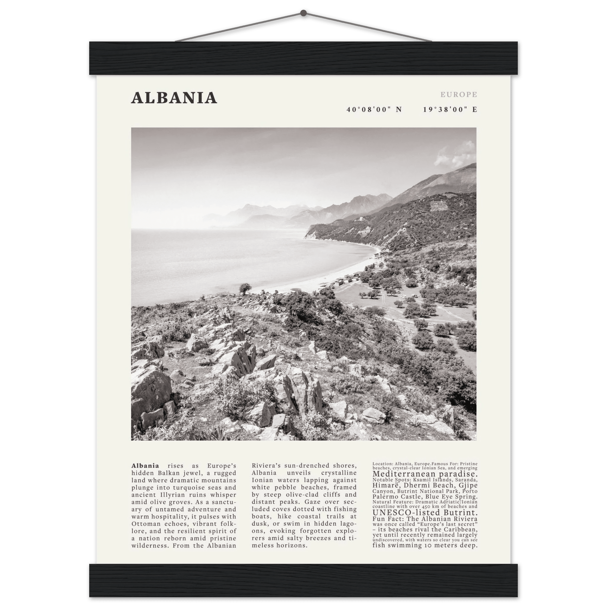 Albania Poster Black and White – Vintage Albanian Riviera Travel Print (Digital & Printed Options) - Evergreen Posters
