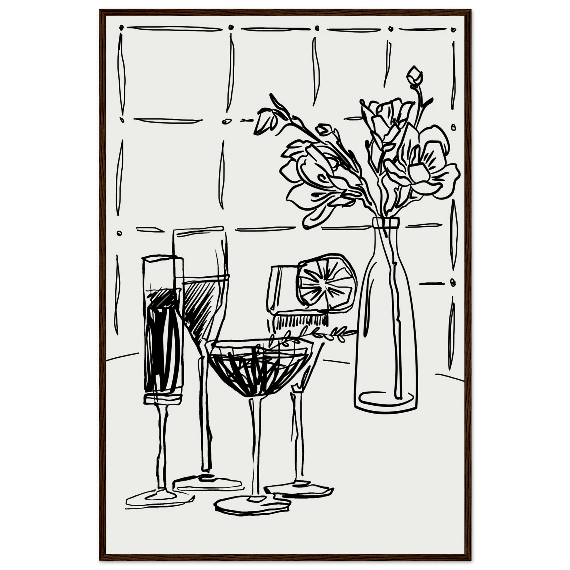 Cocktails & Flowers Print | Black Line Art Drinks Wall Art | Kitchen Bar Poster - Evergreen Posters