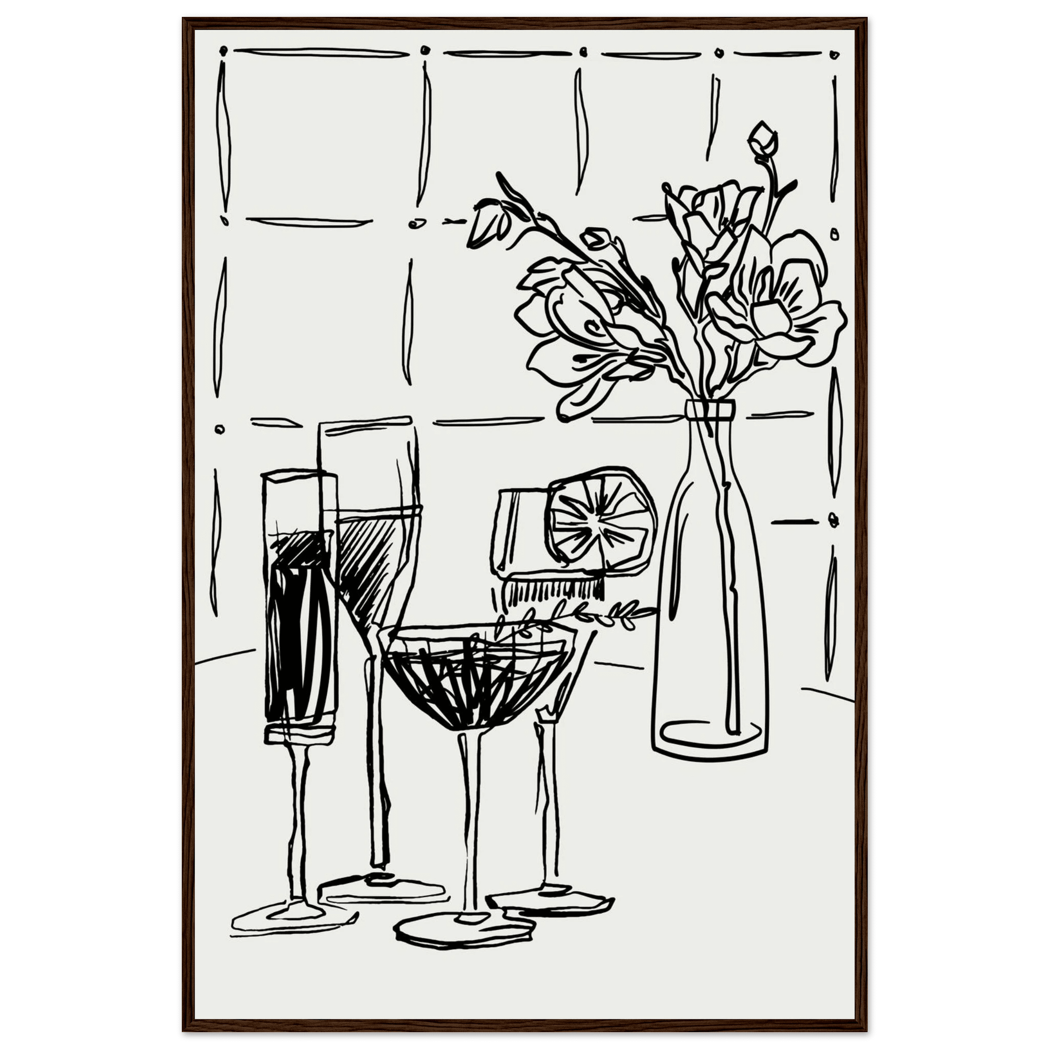 Cocktails & Flowers Print | Black Line Art Drinks Wall Art | Kitchen Bar Poster - Evergreen Posters