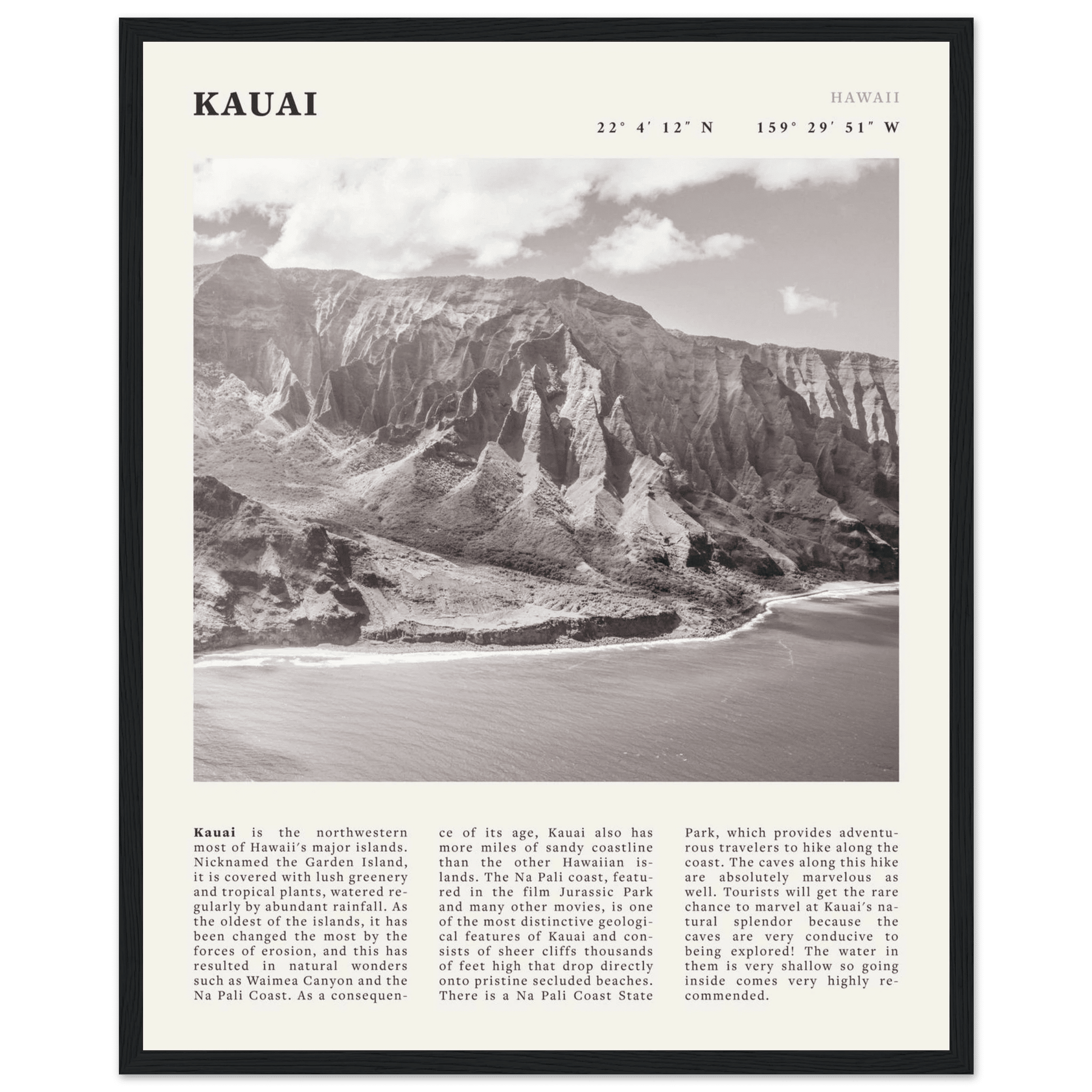 Kauai Poster | Black & White Na Pali Coast Wall Art | Hawaii Travel Print Decor - Evergreen Posters