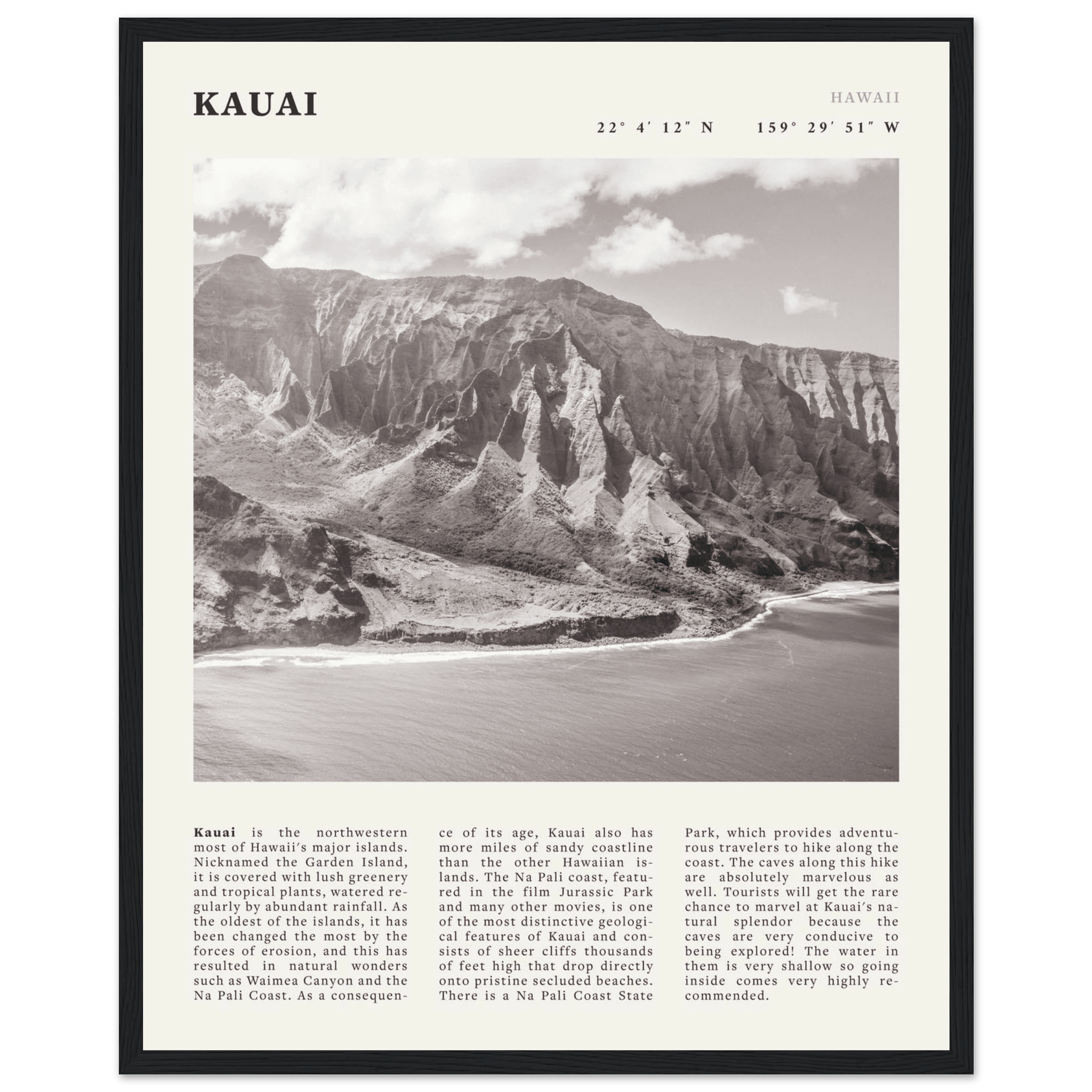 Kauai Poster | Black & White Na Pali Coast Wall Art | Hawaii Travel Print Decor - Evergreen Posters