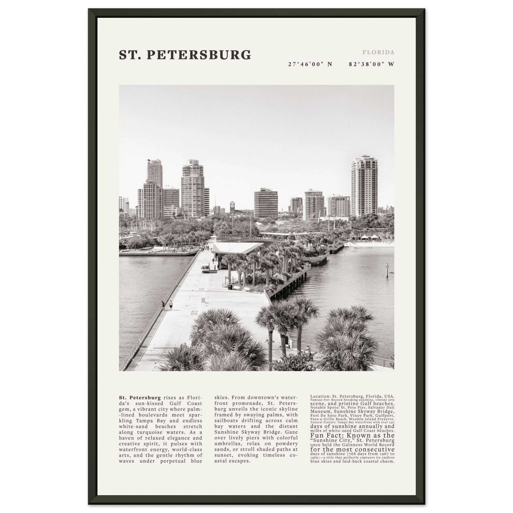 St. Petersburg Florida Poster Black and White – Vintage St Pete Skyline Print (Digital & Printed Options) - Evergreen Posters