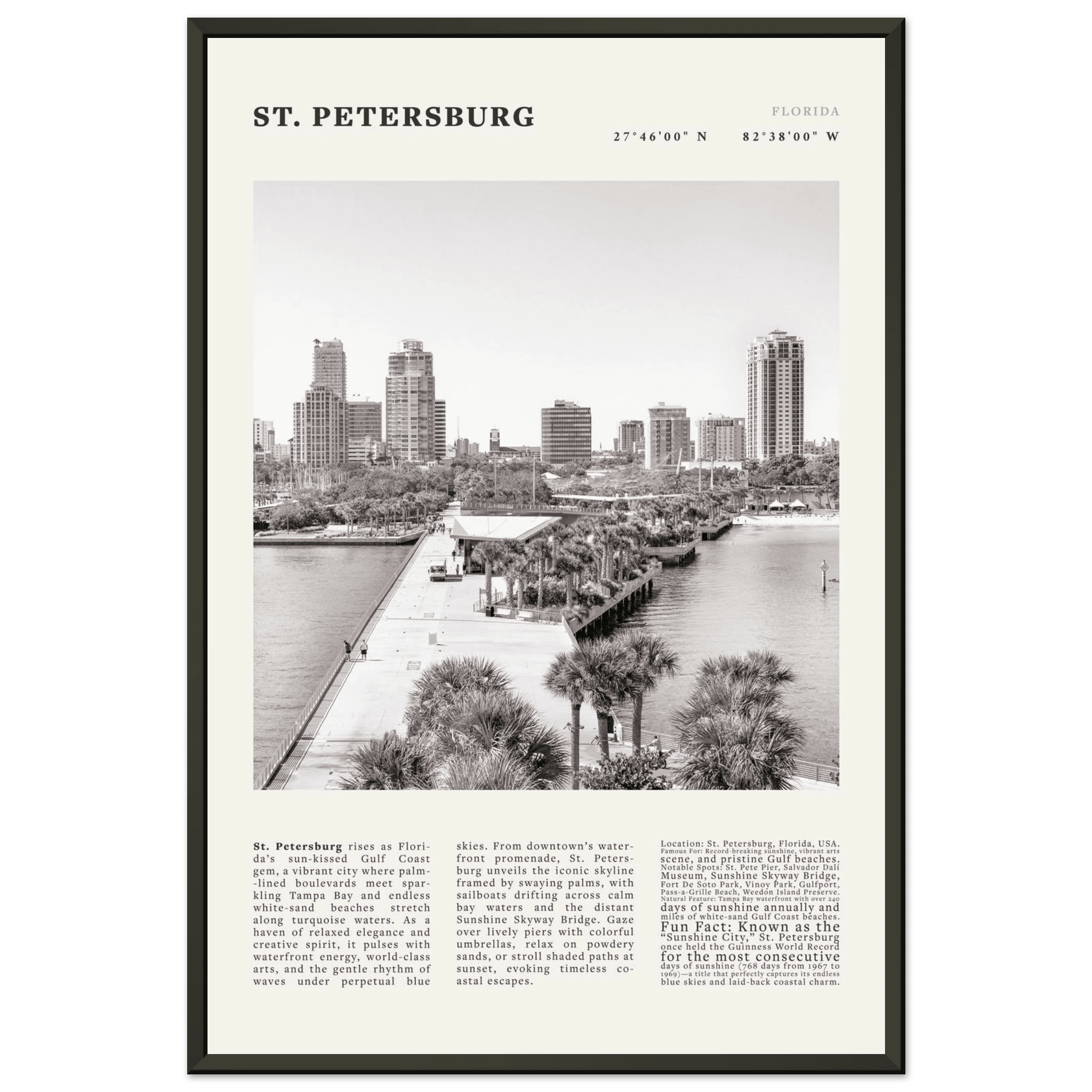 St. Petersburg Florida Poster Black and White – Vintage St Pete Skyline Print (Digital & Printed Options) - Evergreen Posters