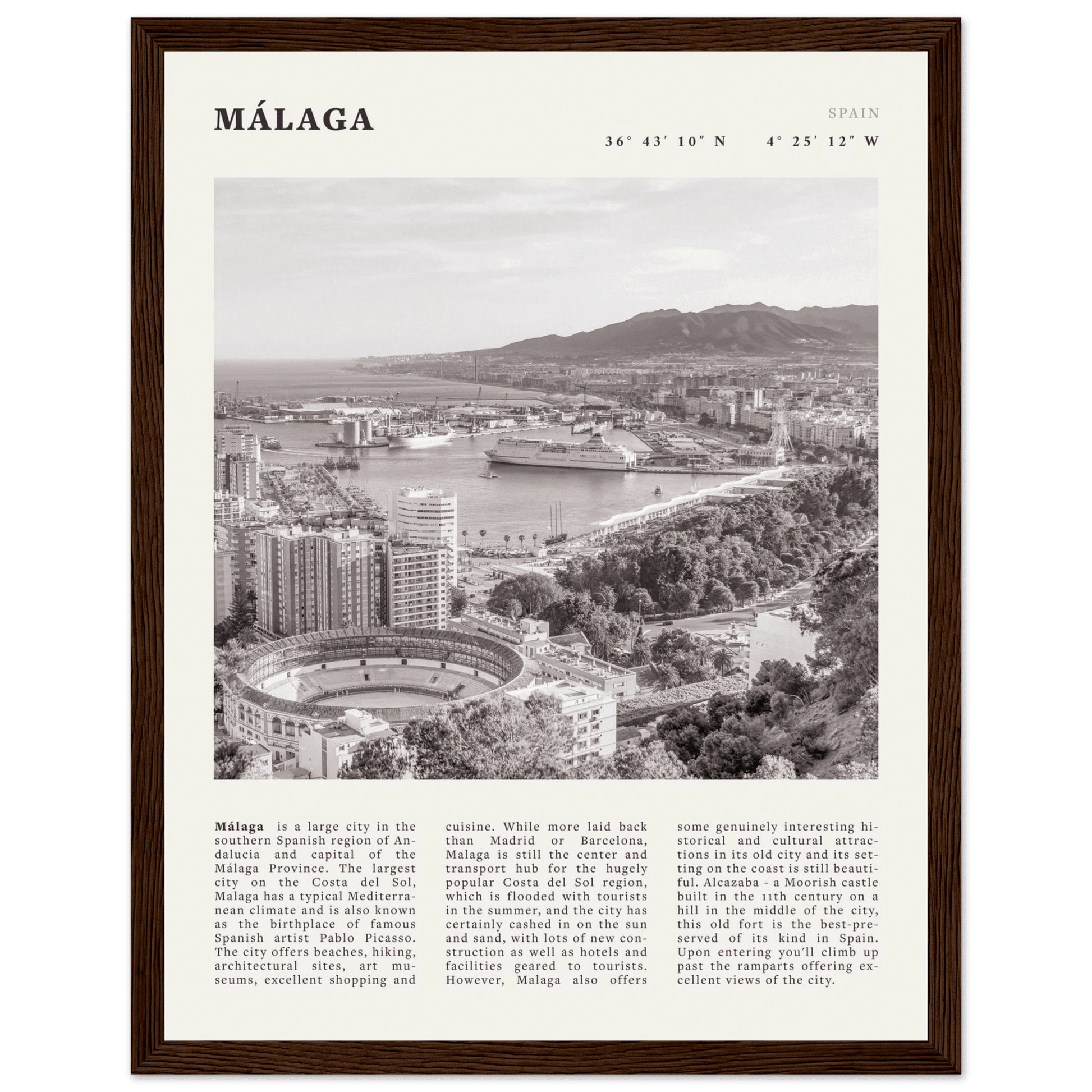 Málaga Poster | Black & White Costa del Sol Wall Art | Spain Travel Print - Evergreen Posters