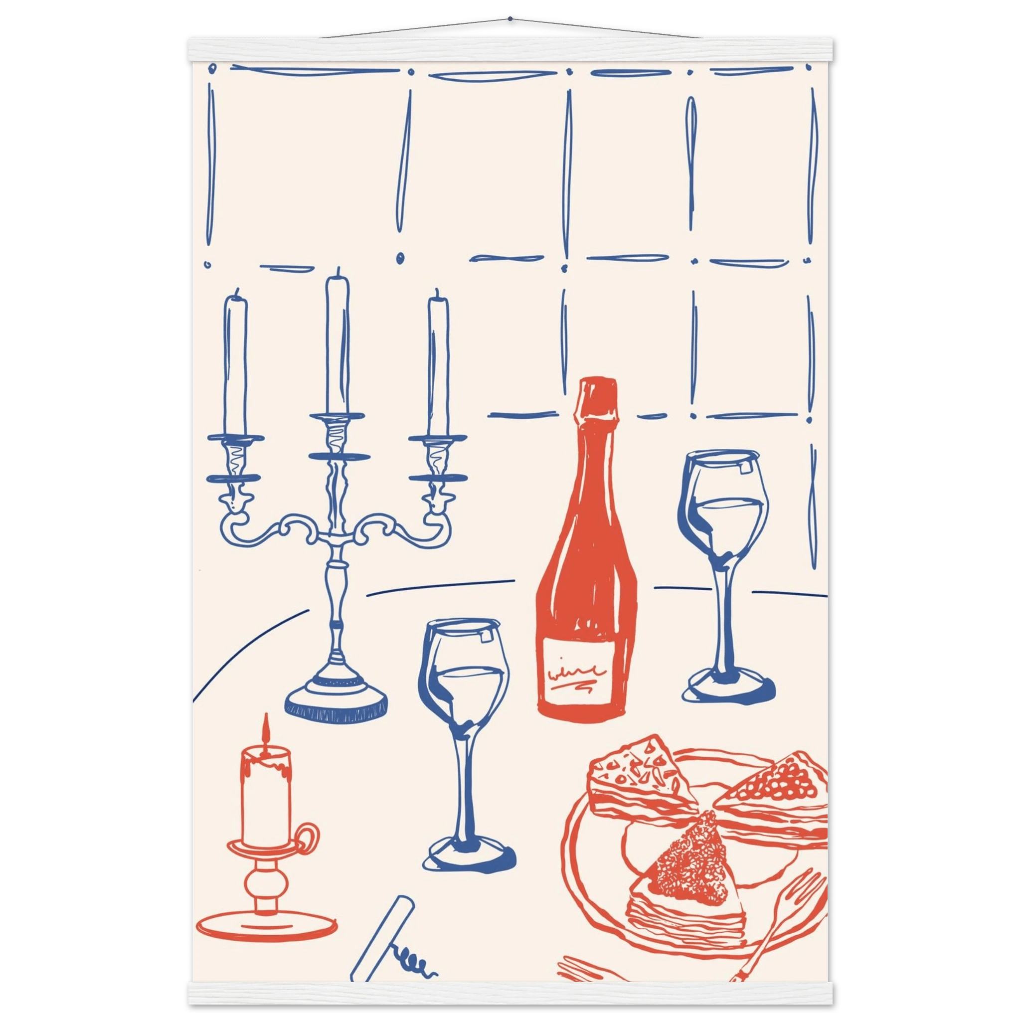 Candlelight Dinner Print | Wine & Candelabra Line Art Wall Art | Kitchen Poster - Evergreen Posters