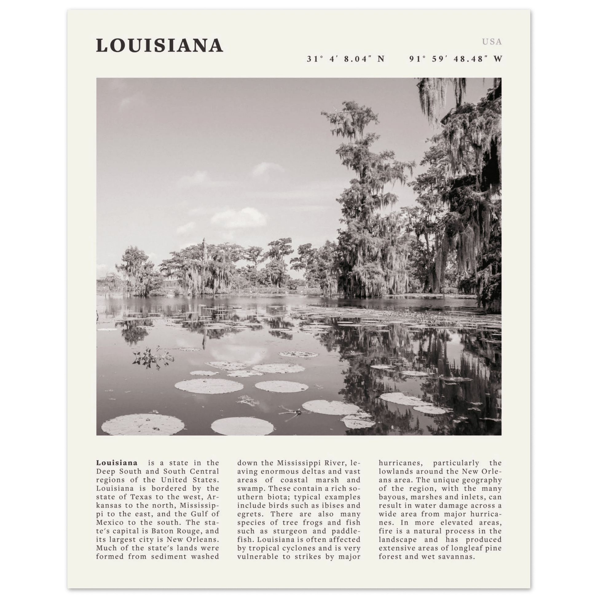 Louisiana Poster | Black & White Bayou Wall Art | Southern USA Travel Print Decor - Evergreen Posters