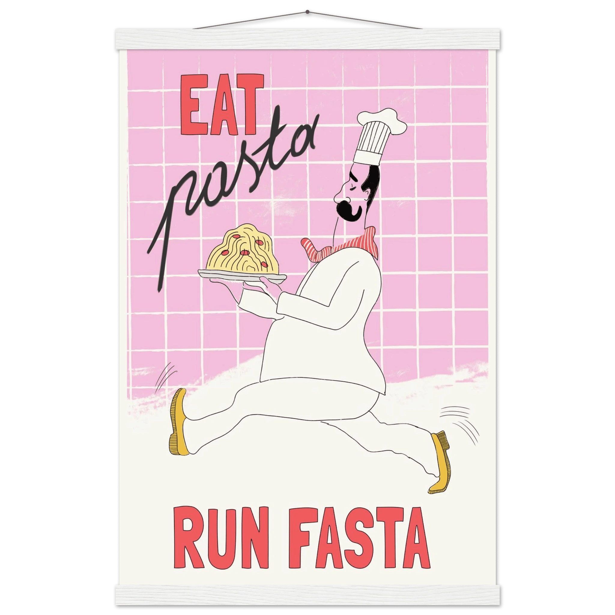 Eat Pasta Run Fasta Poster – Playful Kitchen Wall Art Print (Light Pink) - Evergreen Posters