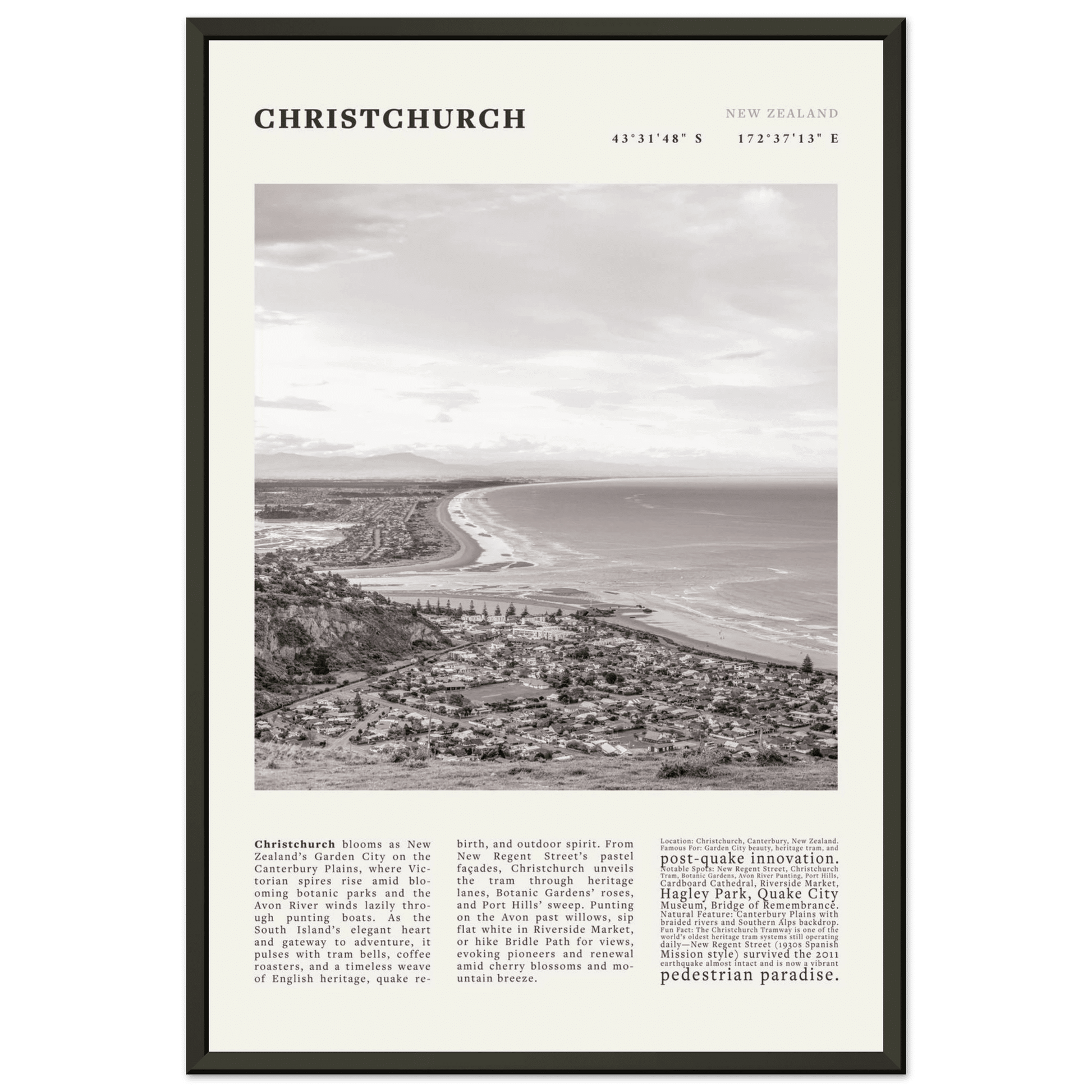 Christchurch New Zealand Poster Black and White – Vintage Garden City Panorama Print - Evergreen Posters