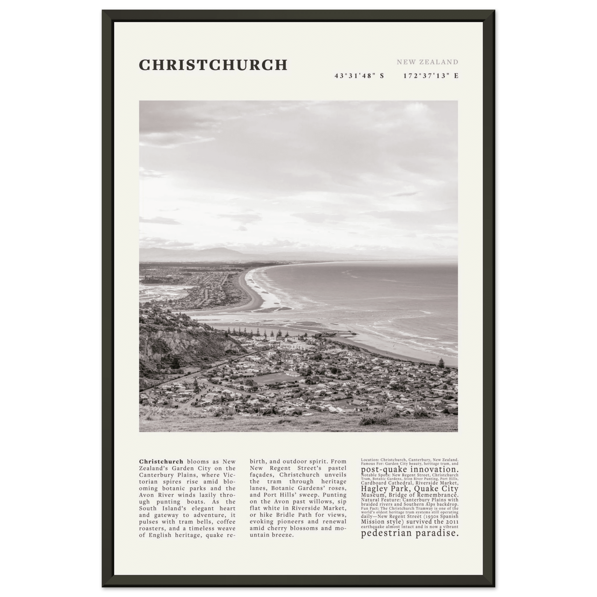 Christchurch New Zealand Poster Black and White – Vintage Garden City Panorama Print - Evergreen Posters