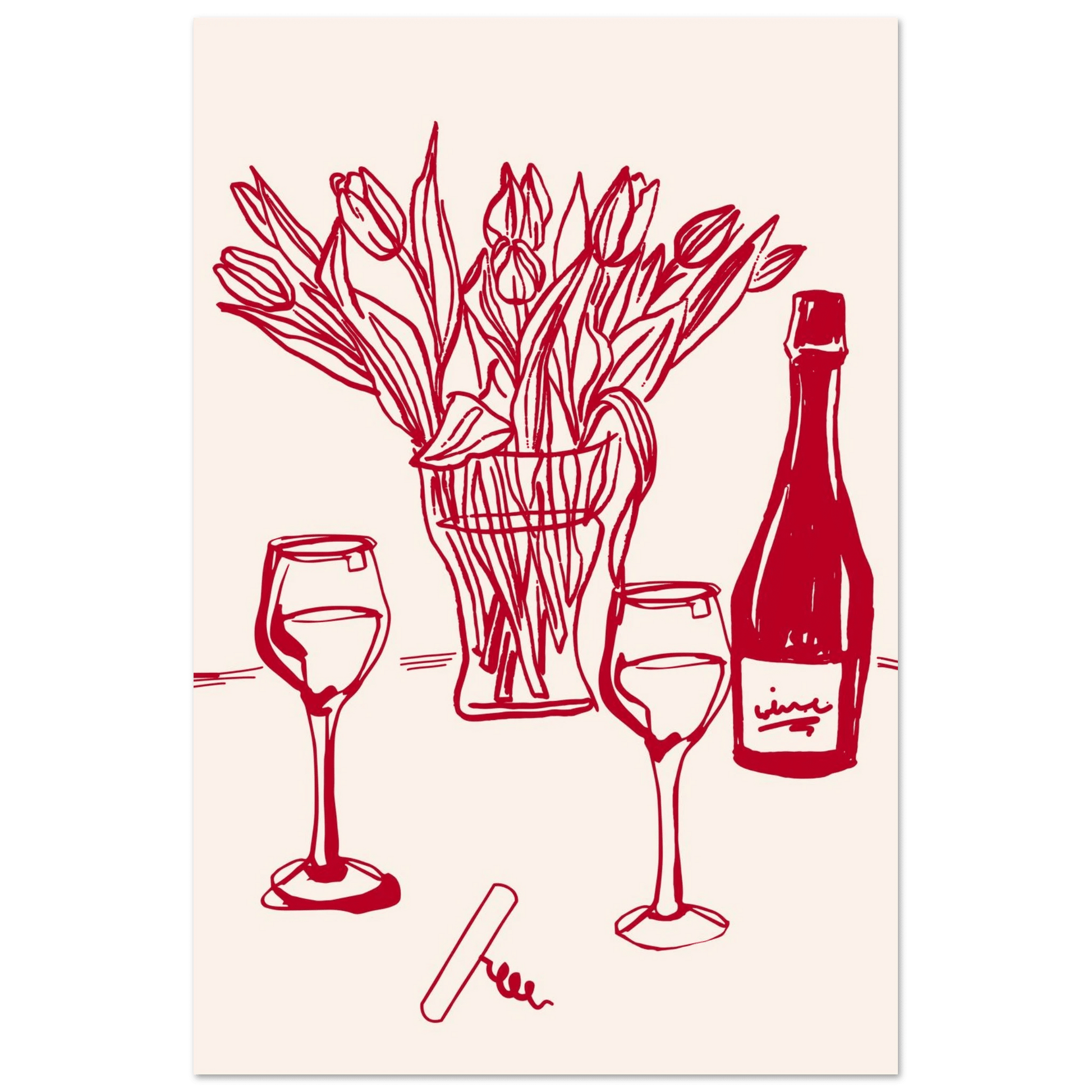 Red Wine & Tulips Print | Line Art Wine Bottle Wall Art | Kitchen Poster - Evergreen Posters