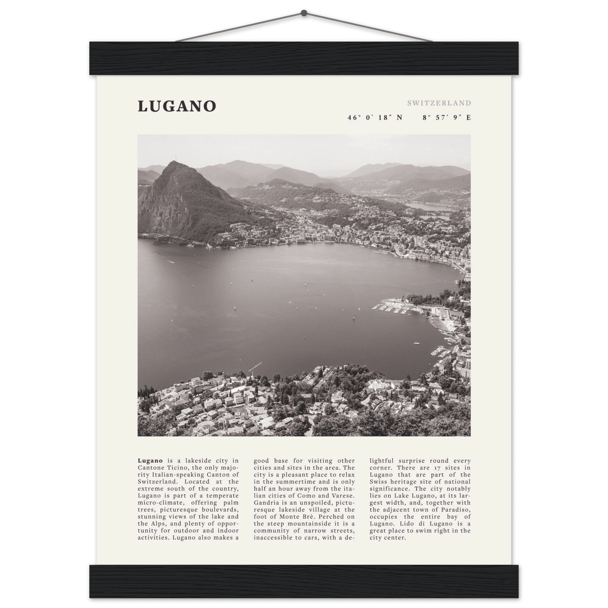 Lugano Poster | Black & White Swiss Lake Wall Art | Switzerland Travel Print - Evergreen Posters