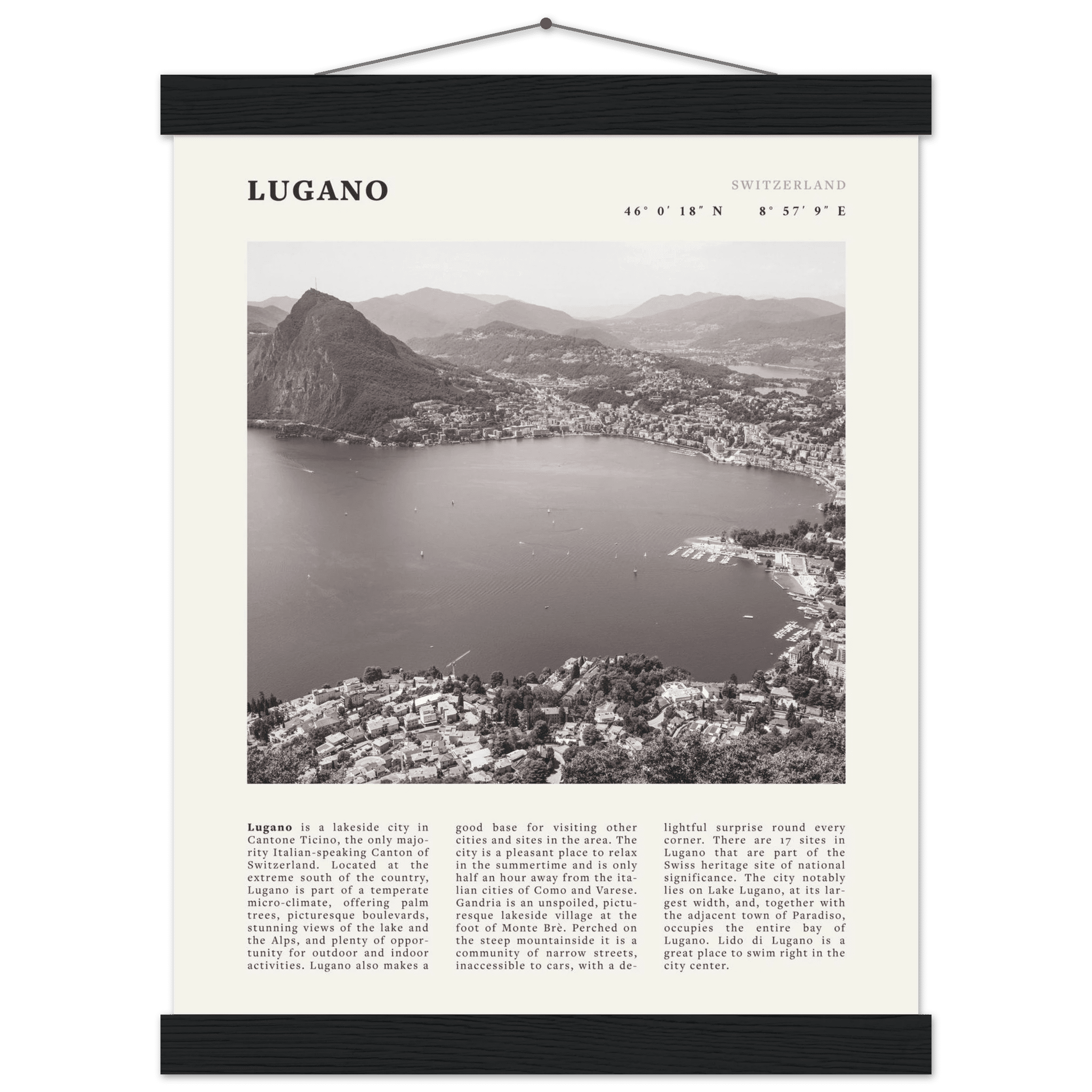 Lugano Poster | Black & White Swiss Lake Wall Art | Switzerland Travel Print - Evergreen Posters