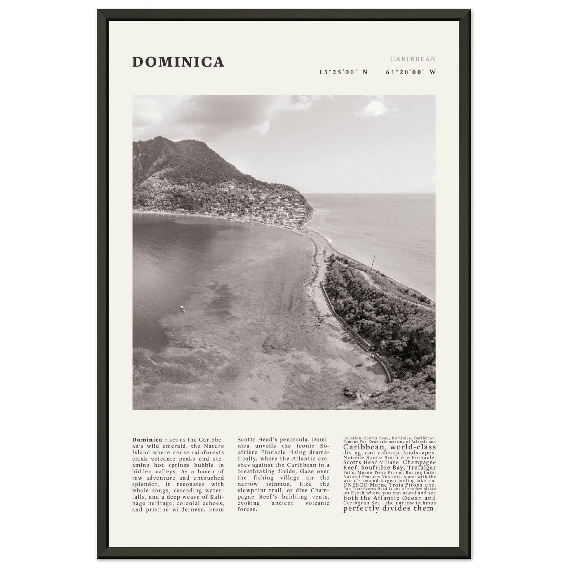 Dominica Poster Black and White – Vintage Caribbean Rainforest Island Print (Digital & Printed Options) - Evergreen Posters