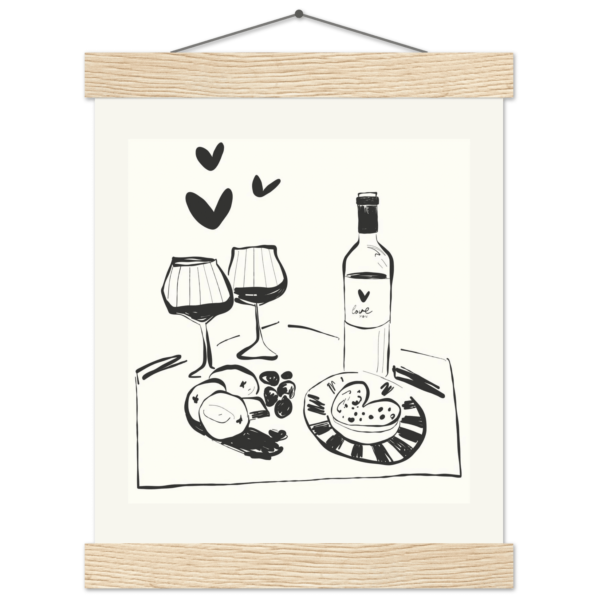 Wine for Two Print | Black Line Art Romantic Kitchen Wall Art | Couples Poster - Evergreen Posters