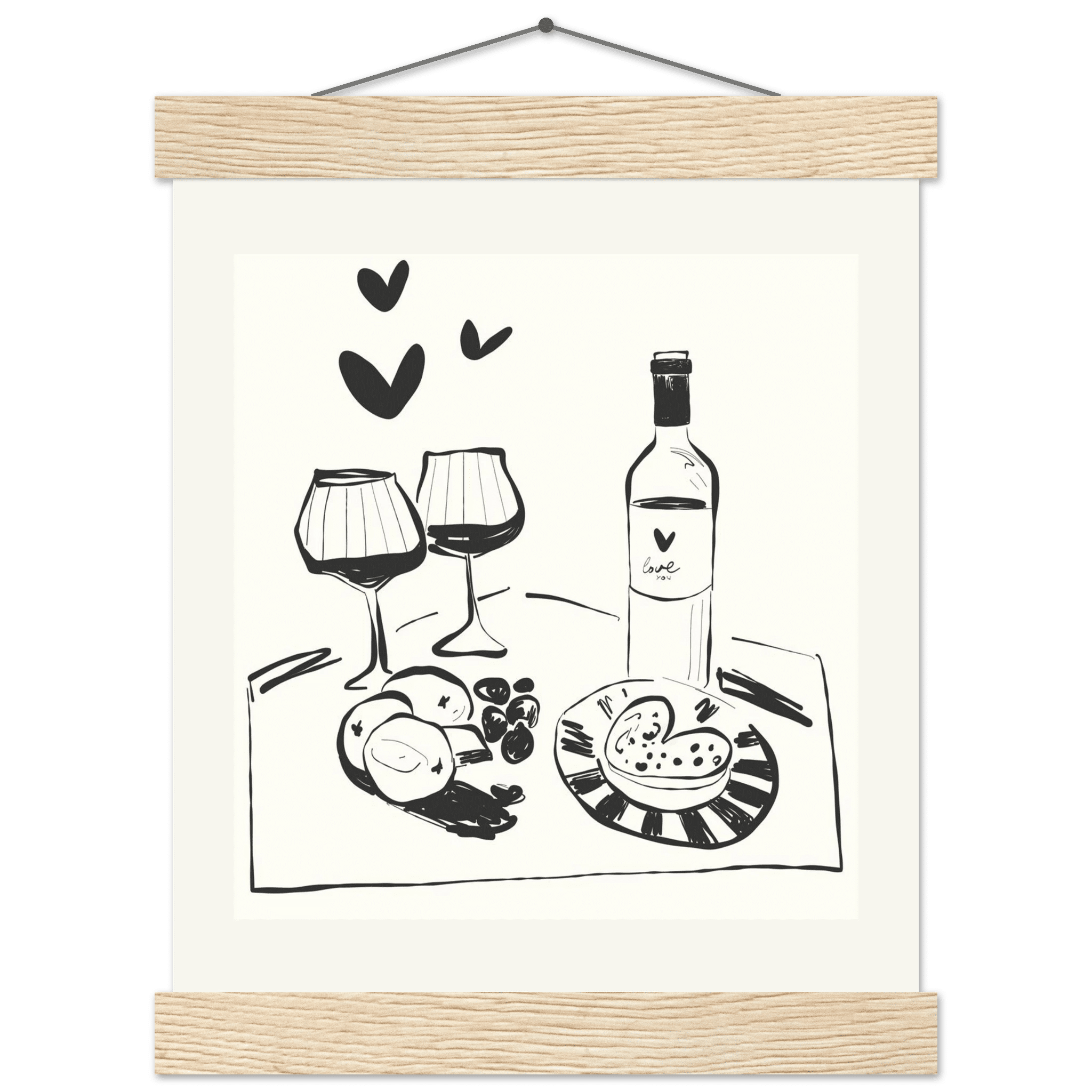 Wine for Two Print | Black Line Art Romantic Kitchen Wall Art | Couples Poster - Evergreen Posters