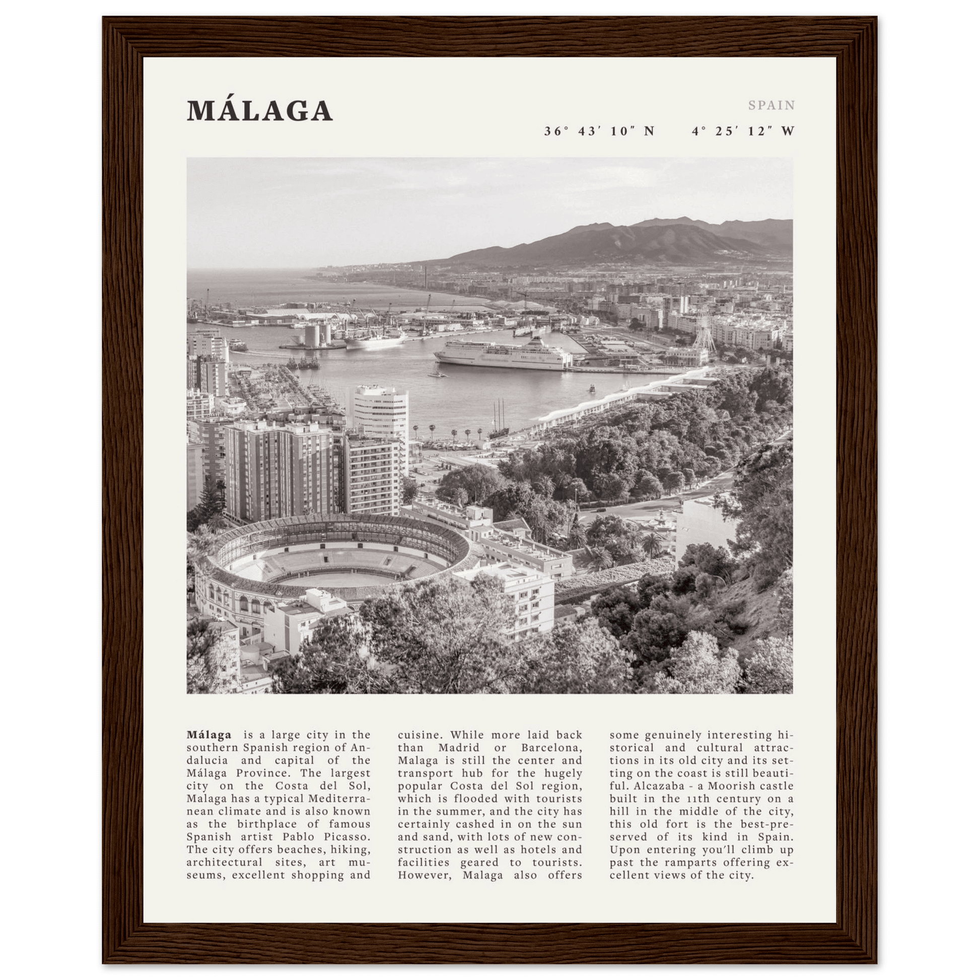 Málaga Poster | Black & White Costa del Sol Wall Art | Spain Travel Print - Evergreen Posters