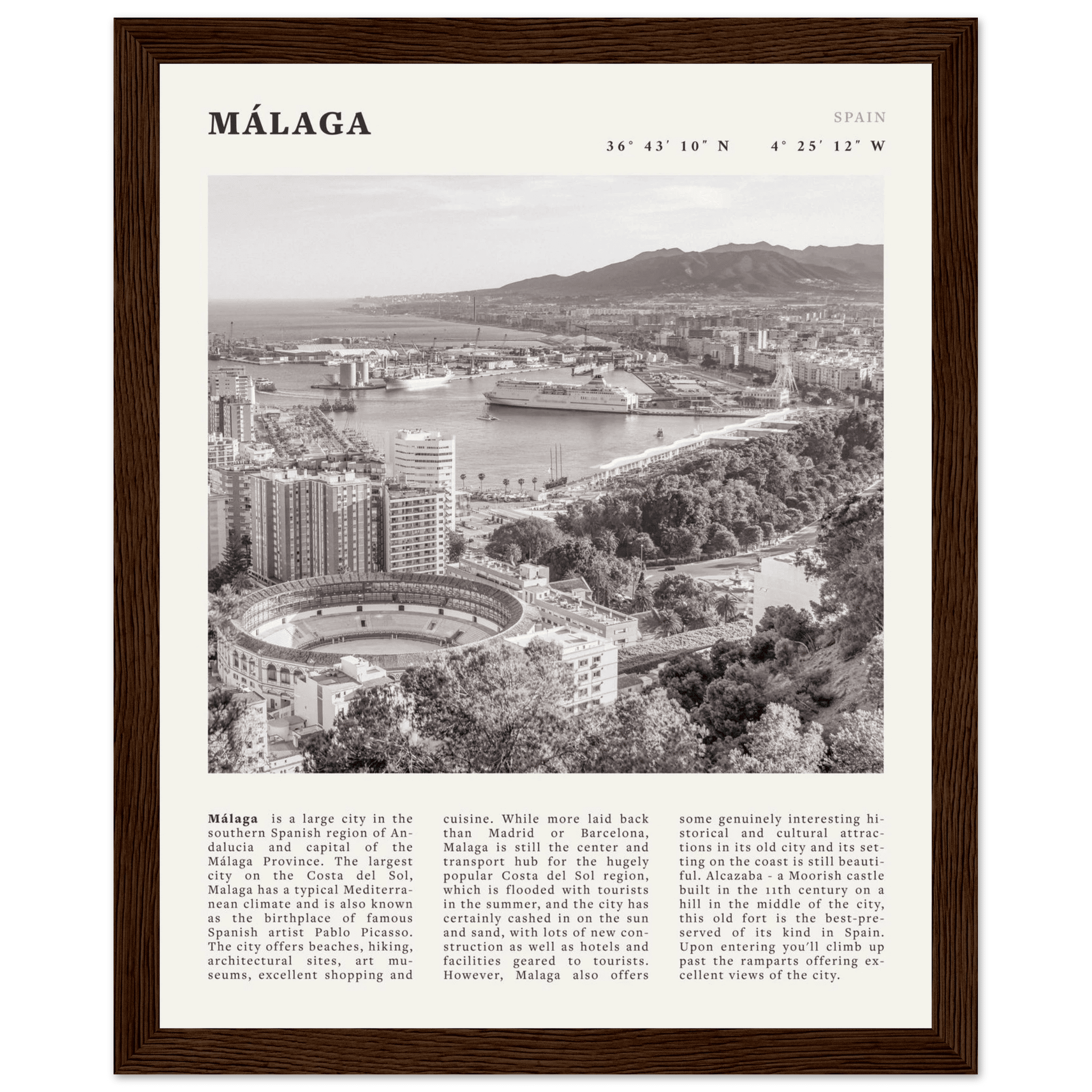 Málaga Poster | Black & White Costa del Sol Wall Art | Spain Travel Print - Evergreen Posters