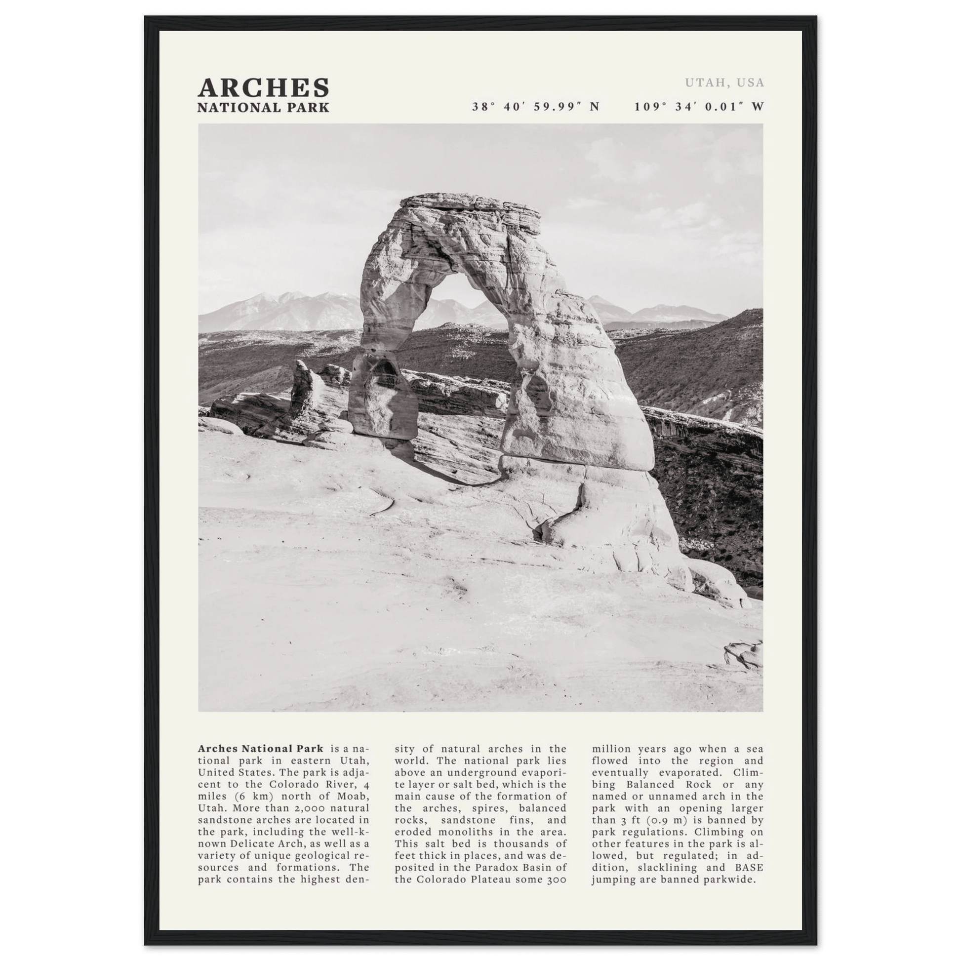 Arches National Park Poster | Black & White Utah Wall Art | Delicate Arch Print - Evergreen Posters