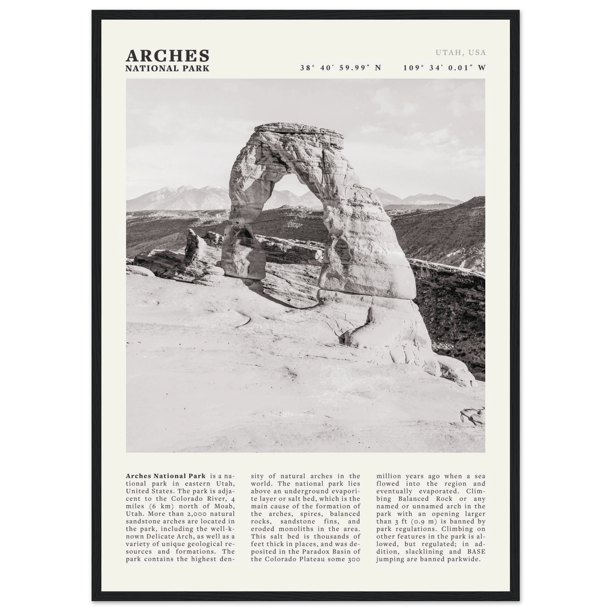 Arches National Park Poster | Black & White Utah Wall Art | Delicate Arch Print - Evergreen Posters