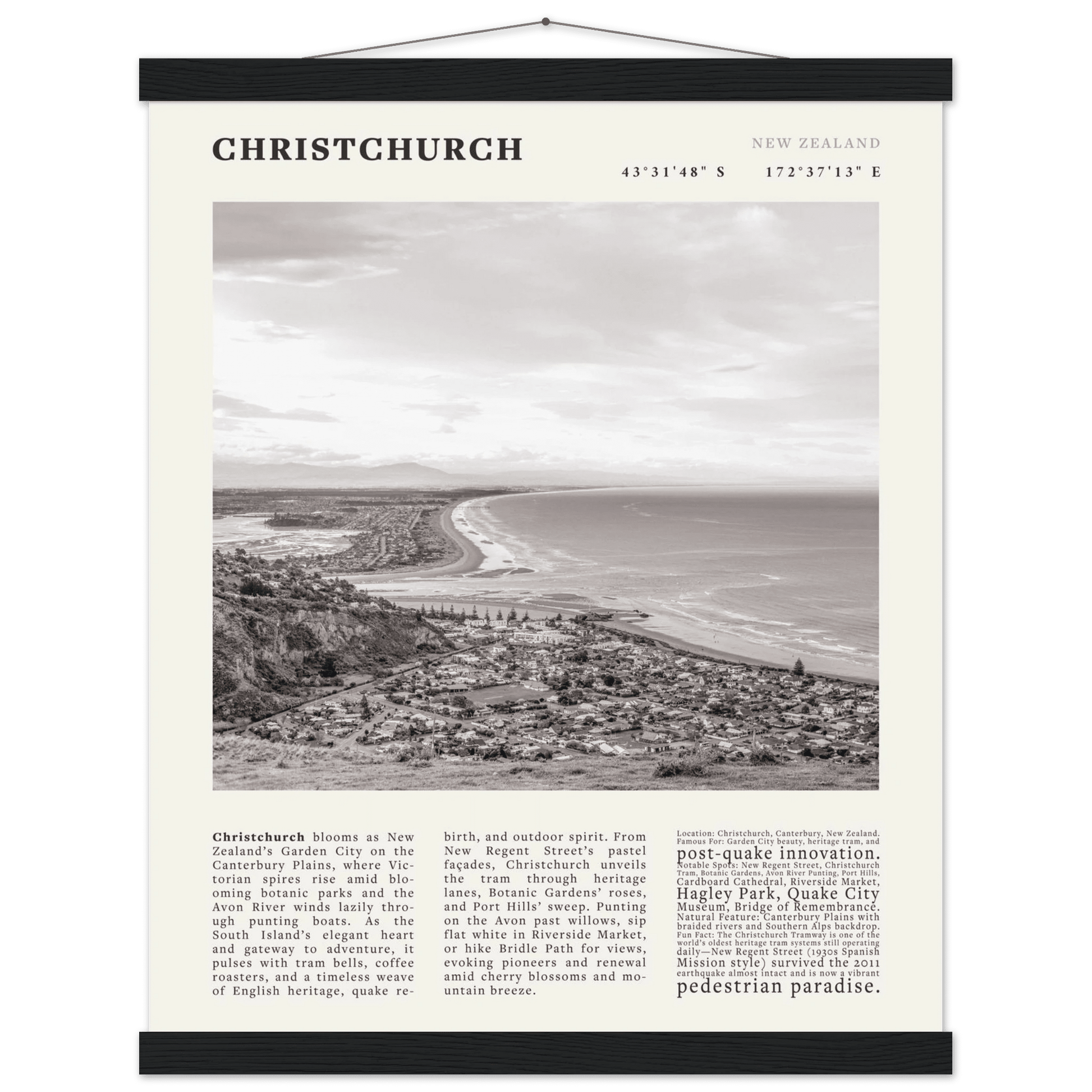 Christchurch New Zealand Poster Black and White – Vintage Garden City Panorama Print - Evergreen Posters