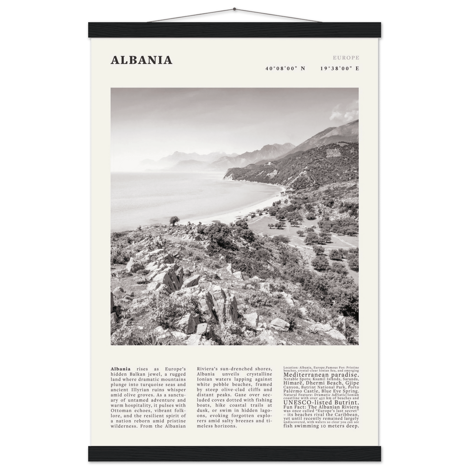 Albania Poster Black and White – Vintage Albanian Riviera Travel Print (Digital & Printed Options) - Evergreen Posters