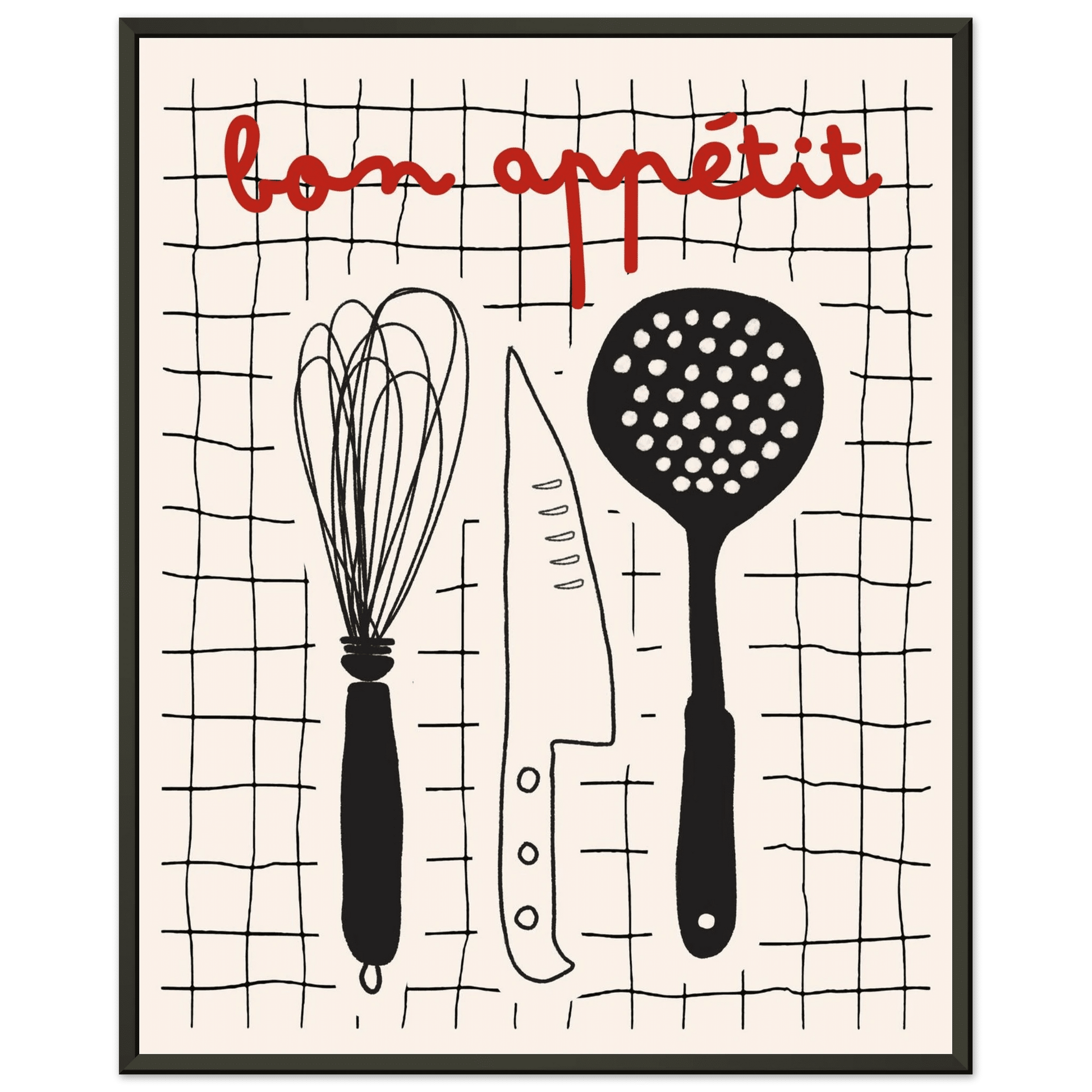 Bon Appétit French Kitchen Print | Bold Black Red Wall Art Poster - Evergreen Posters
