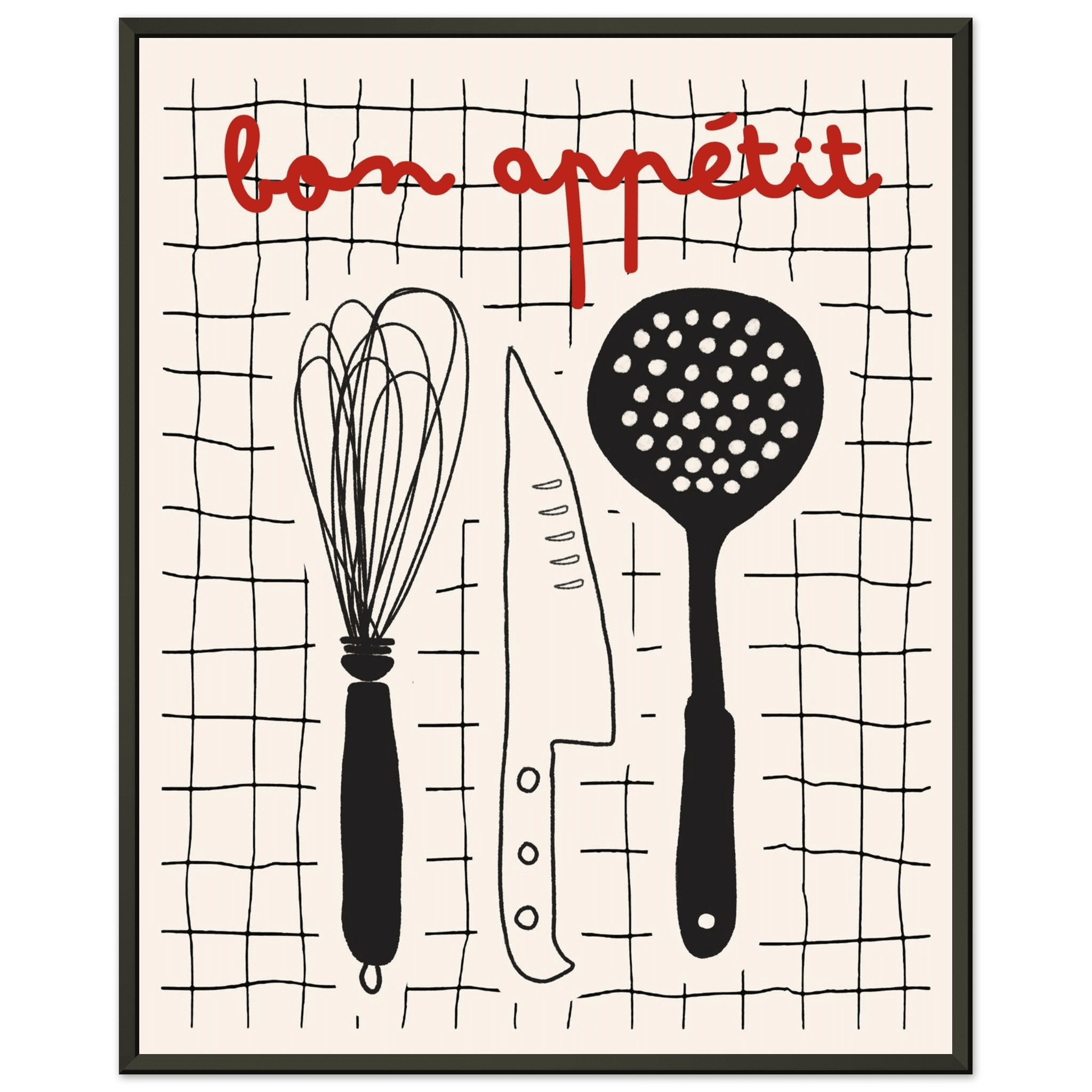 Bon Appétit French Kitchen Print | Bold Black Red Wall Art Poster - Evergreen Posters
