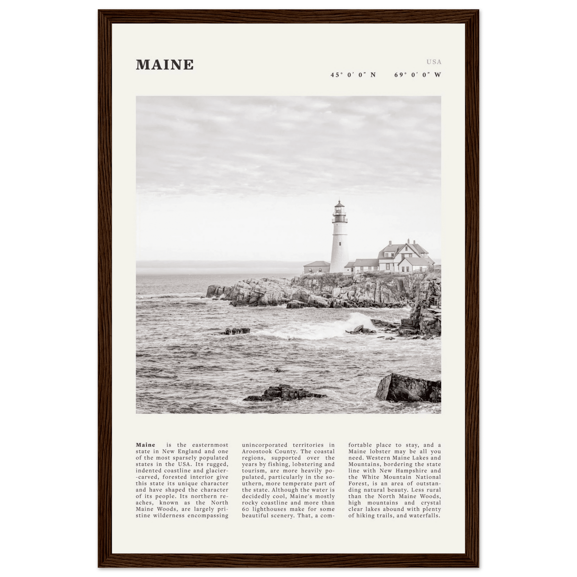 Maine Poster | Black & White Lighthouse Wall Art | New England Coastal Travel Print - Evergreen Posters