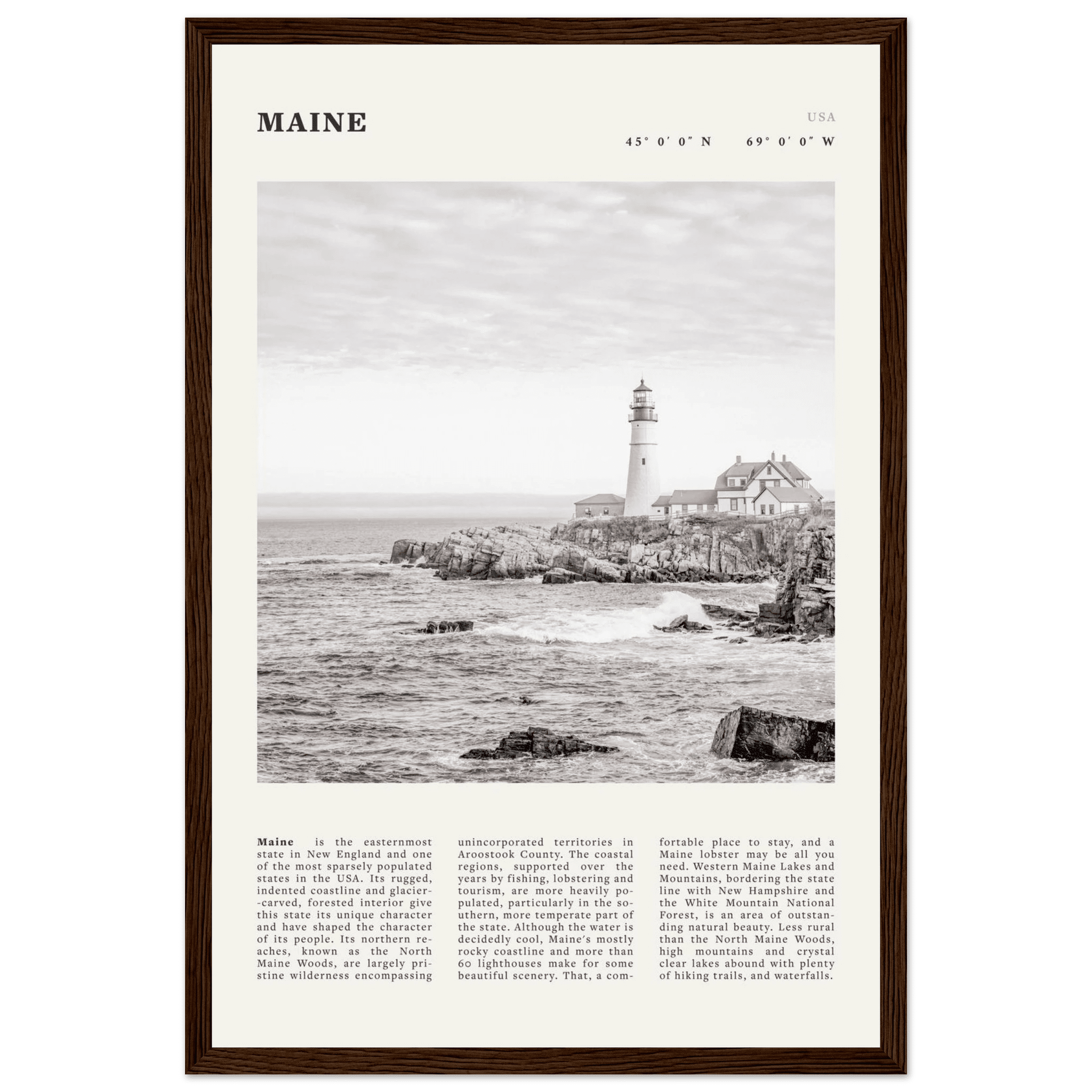 Maine Poster | Black & White Lighthouse Wall Art | New England Coastal Travel Print - Evergreen Posters