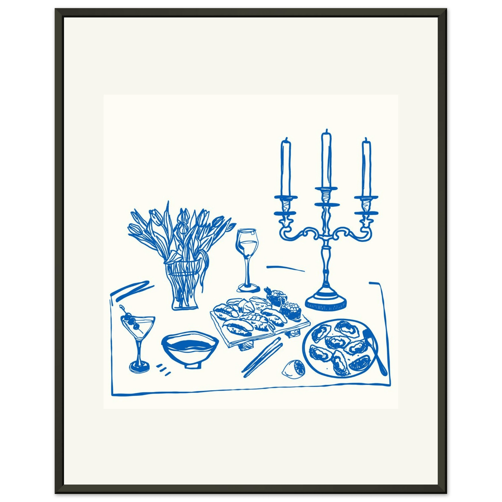 Fine Dining Table Print | Blue Line Art Kitchen Wall Art | Elegant Dining Room Poster - Evergreen Posters