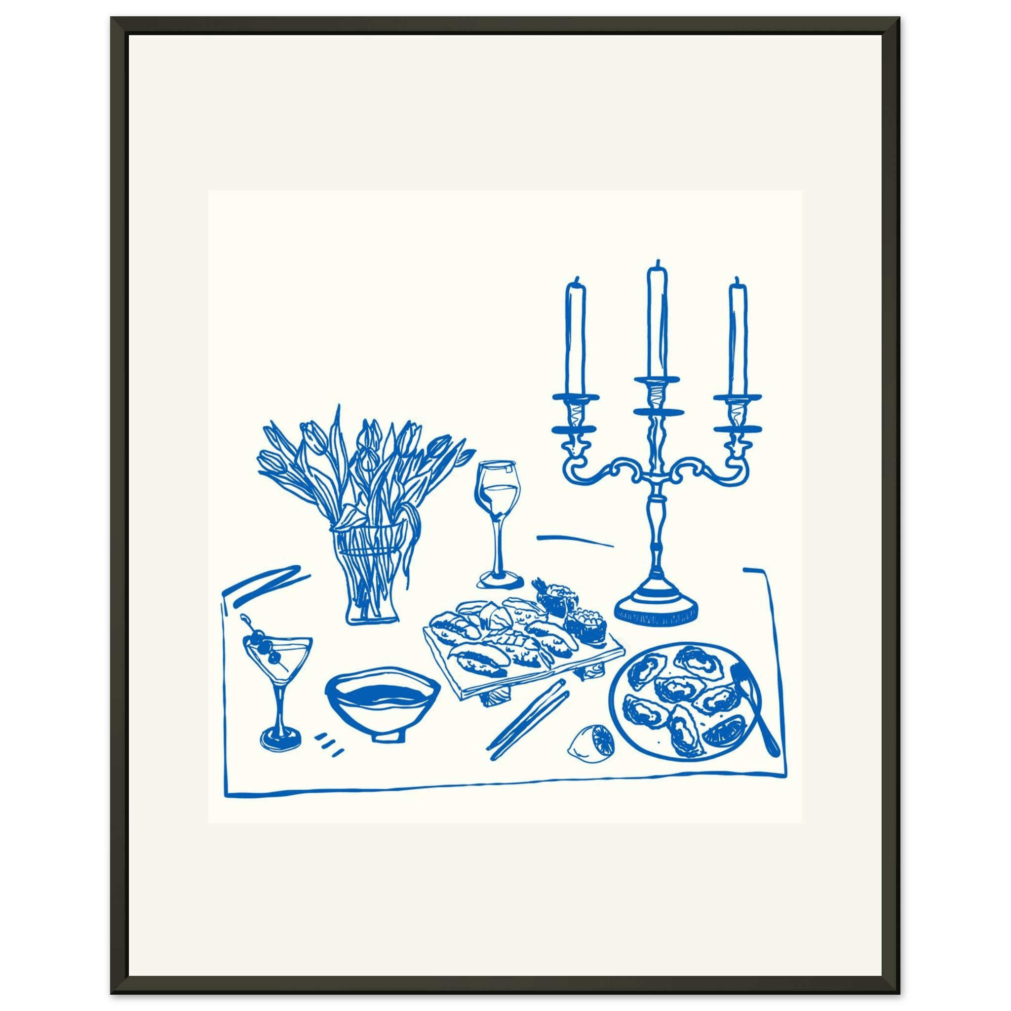 Fine Dining Table Print | Blue Line Art Kitchen Wall Art | Elegant Dining Room Poster - Evergreen Posters