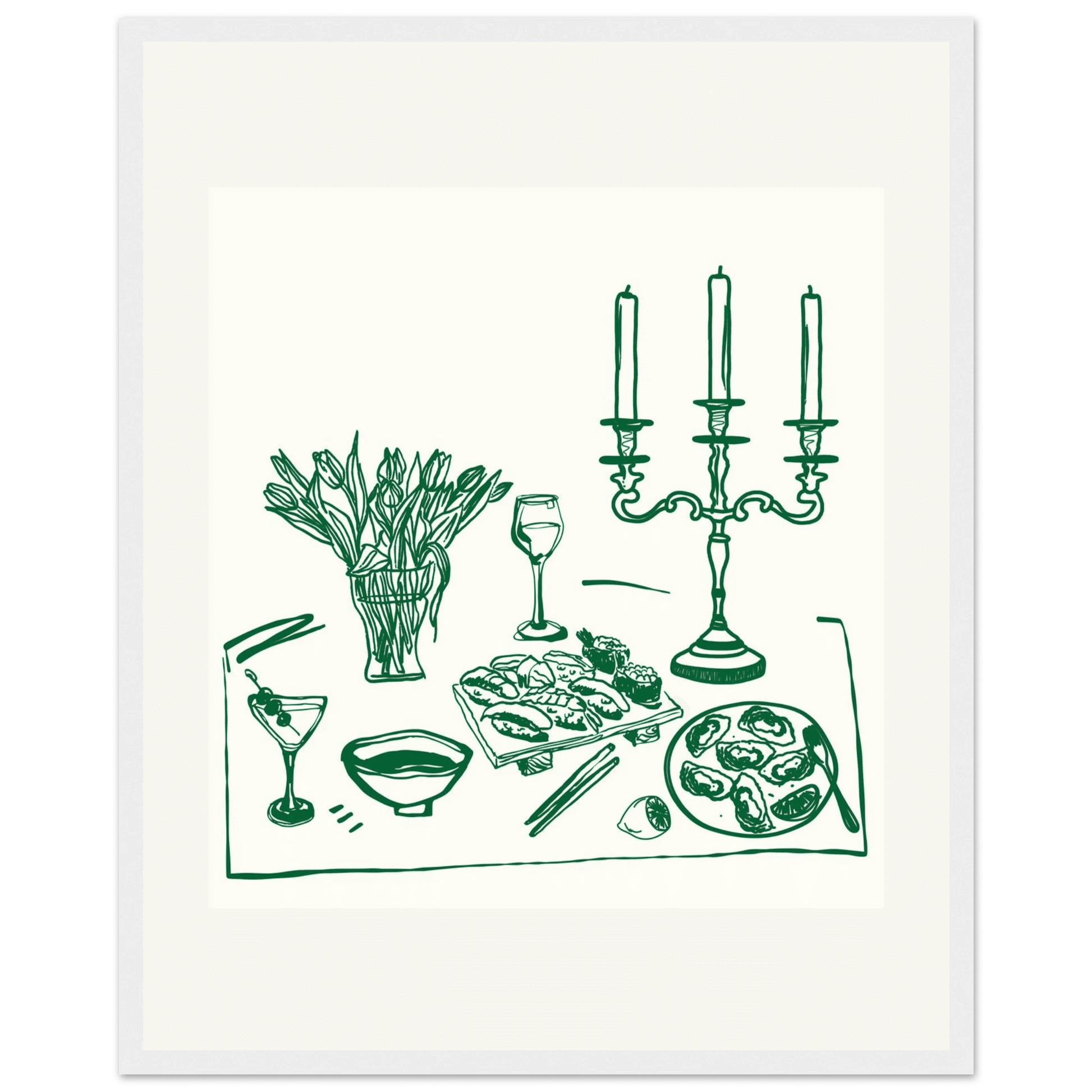 Fine Dining Table Print | Green Line Art Kitchen Wall Art | Elegant Dining Room Poster - Evergreen Posters
