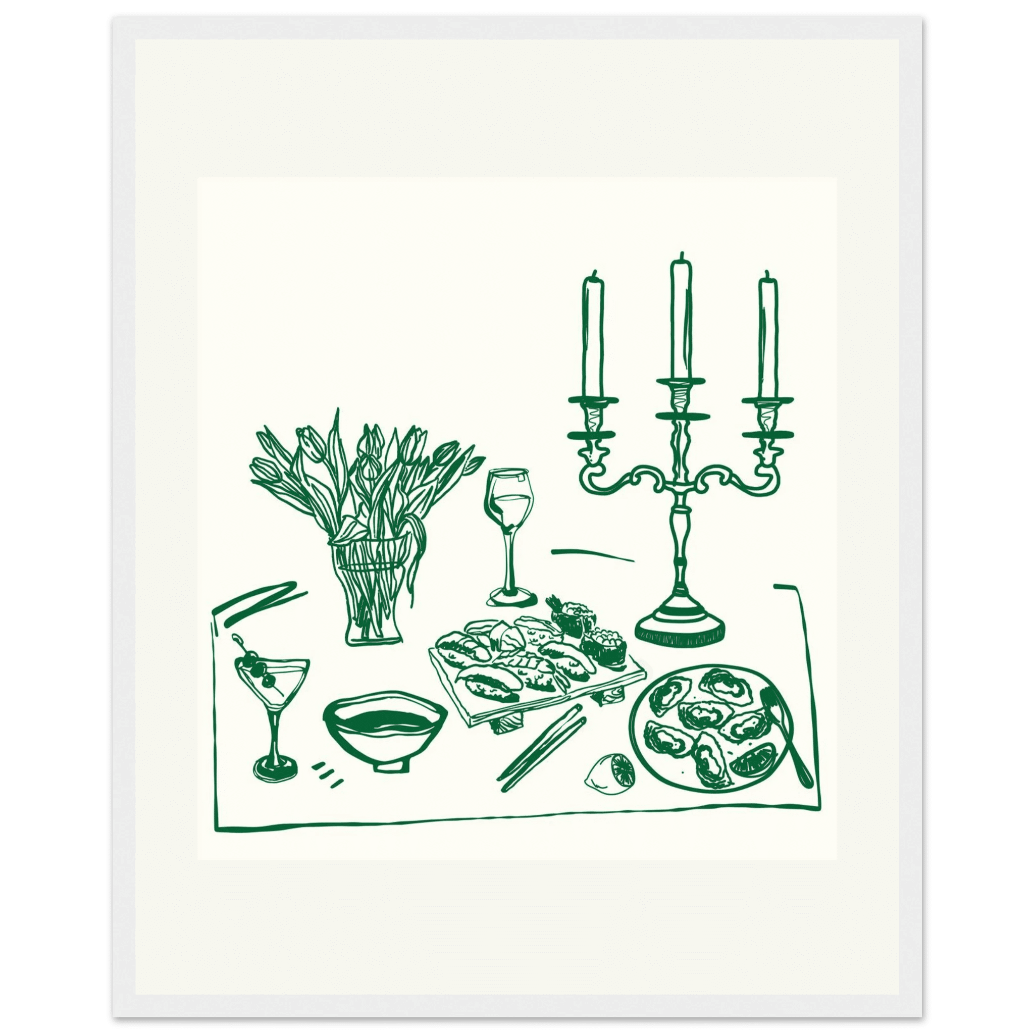 Fine Dining Table Print | Green Line Art Kitchen Wall Art | Elegant Dining Room Poster - Evergreen Posters