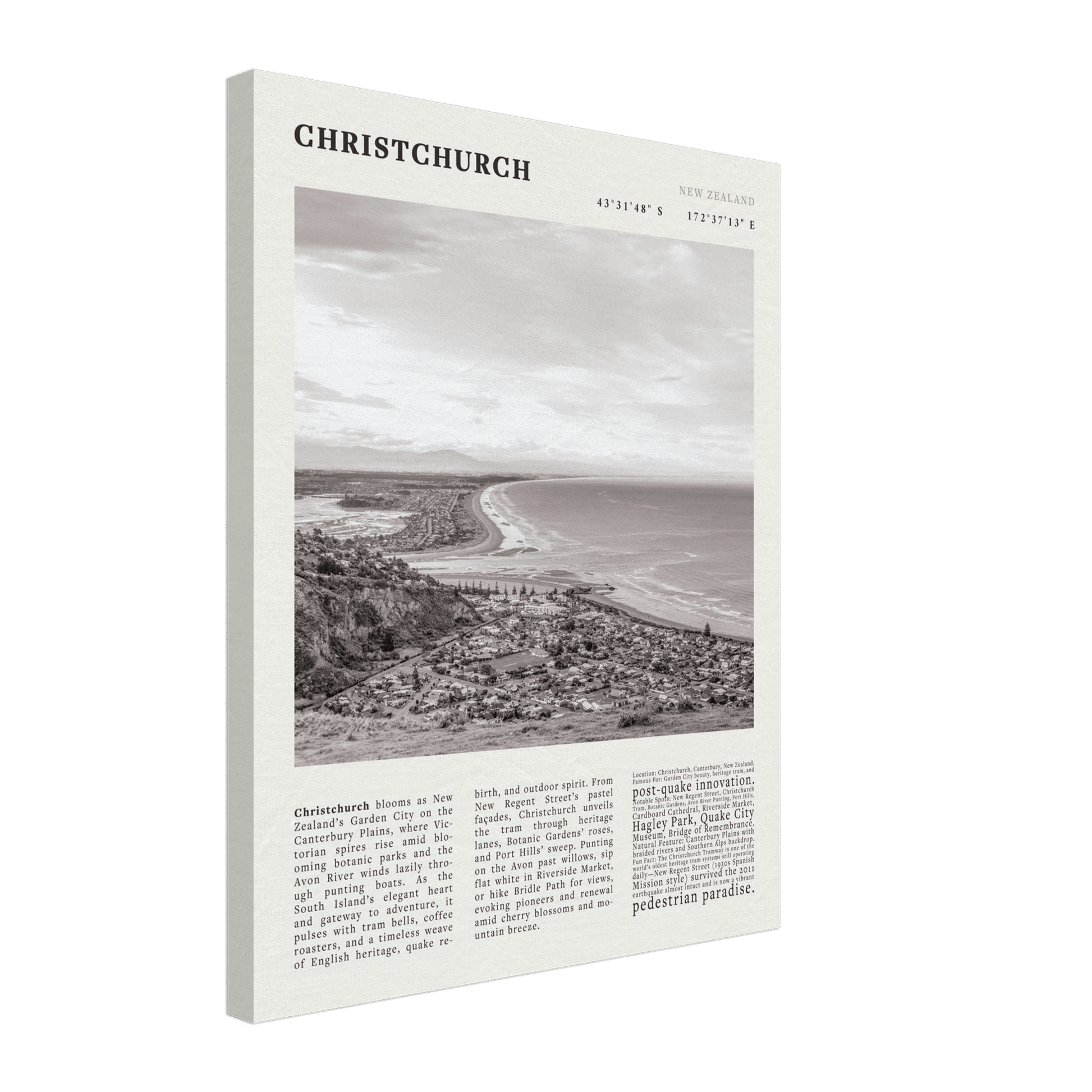 Christchurch New Zealand Poster Black and White – Vintage Garden City Panorama Print - Evergreen Posters