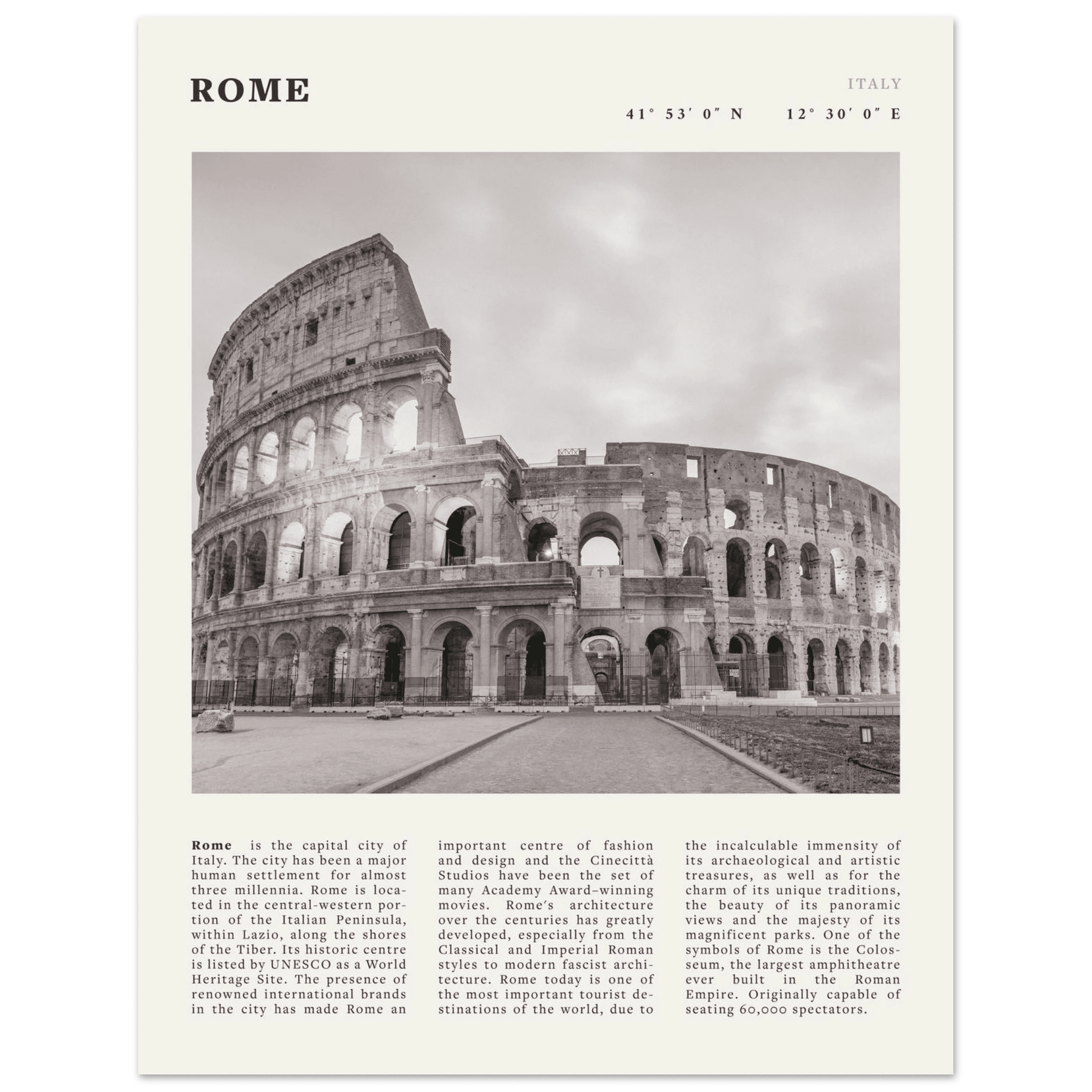 Rome Poster | Black & White Colosseum Wall Art | Italy Travel Print | Roman Decor - Evergreen Posters