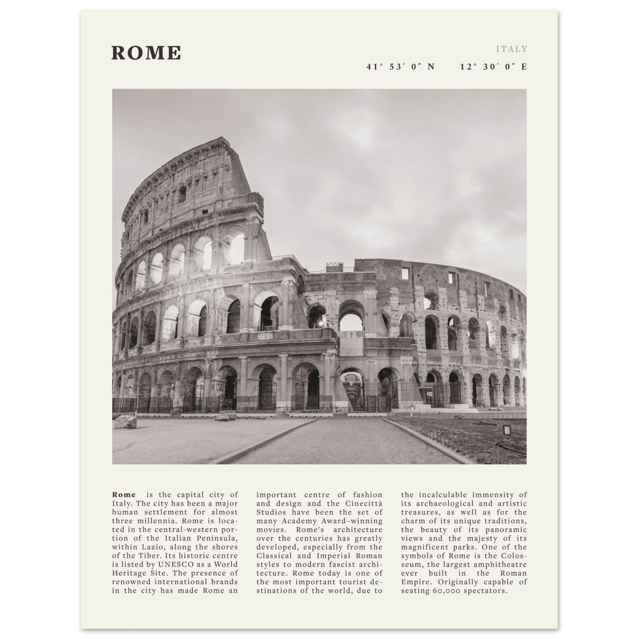Rome Poster | Black & White Colosseum Wall Art | Italy Travel Print | Roman Decor - Evergreen Posters