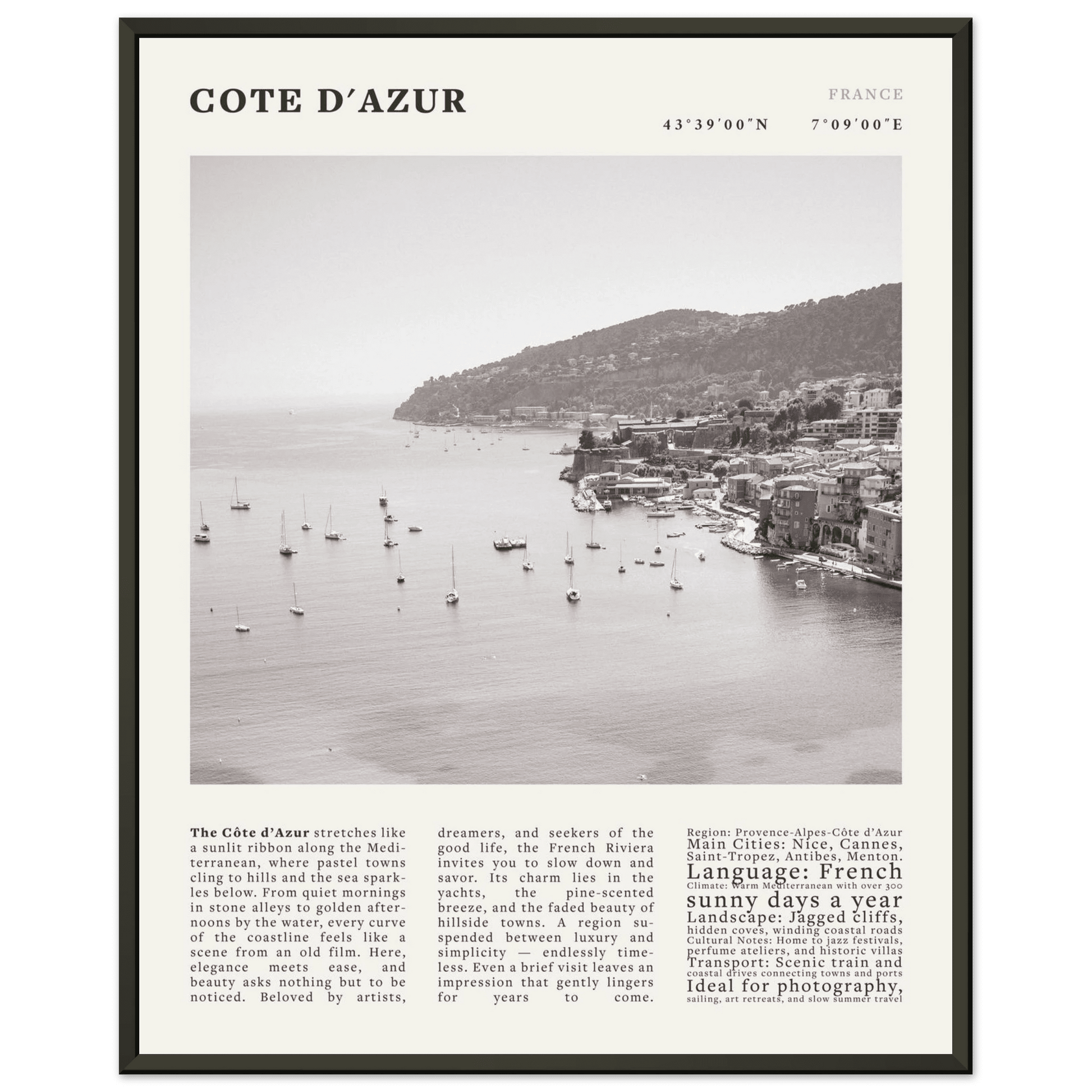 Côte d'Azur Poster Black and White – Vintage French Riviera Coast Print (Digital & Printed Options) - Evergreen Posters