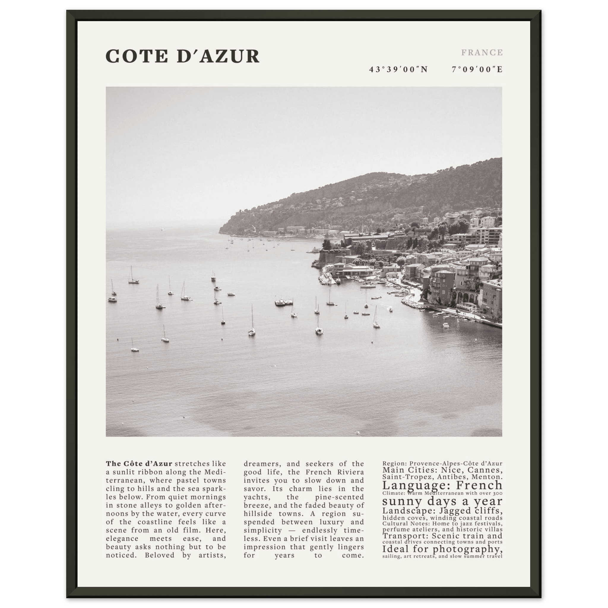 Côte d'Azur Poster Black and White – Vintage French Riviera Coast Print (Digital & Printed Options) - Evergreen Posters