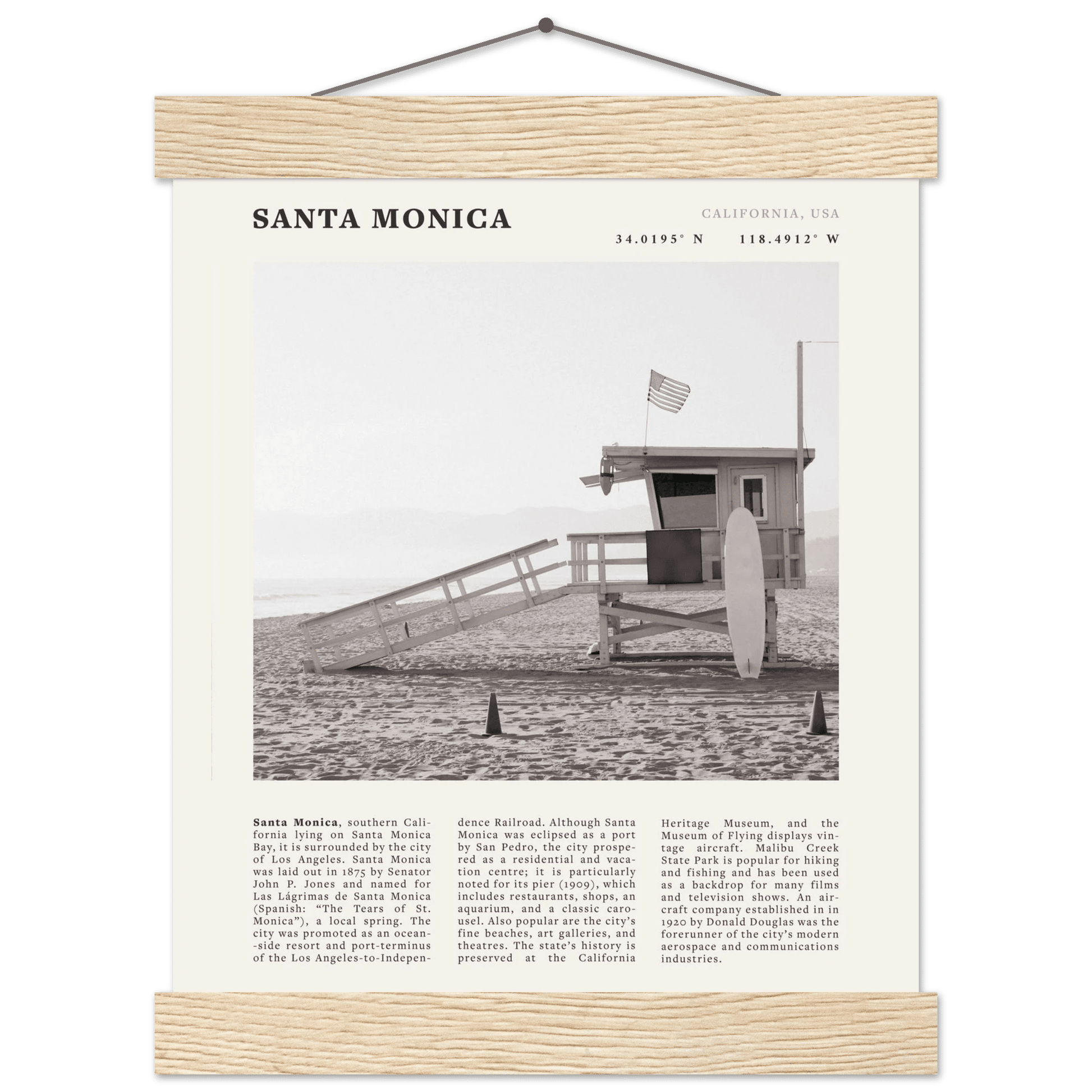 Santa Monica Poster | Black & White California Wall Art | Beach Travel Print | Coastal Decor - Evergreen Posters