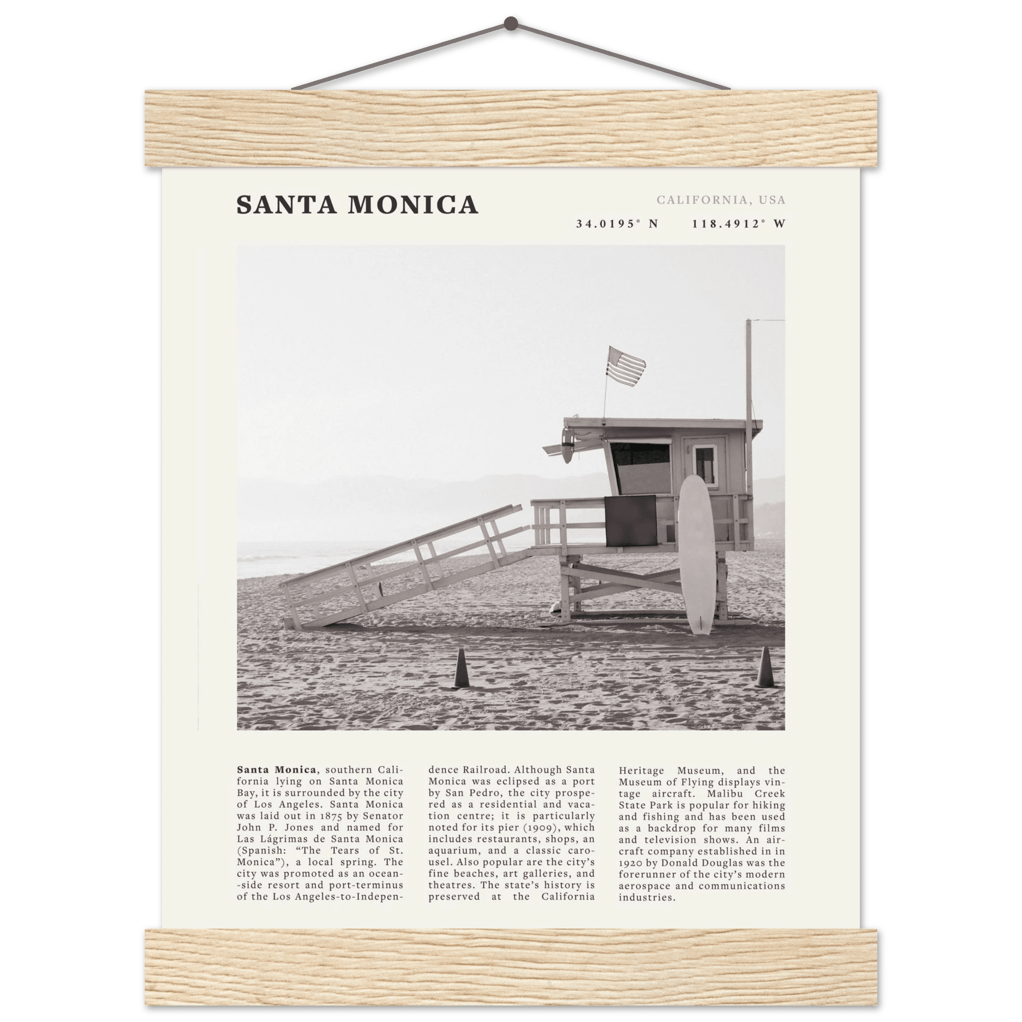 Santa Monica Poster | Black & White California Wall Art | Beach Travel Print | Coastal Decor - Evergreen Posters