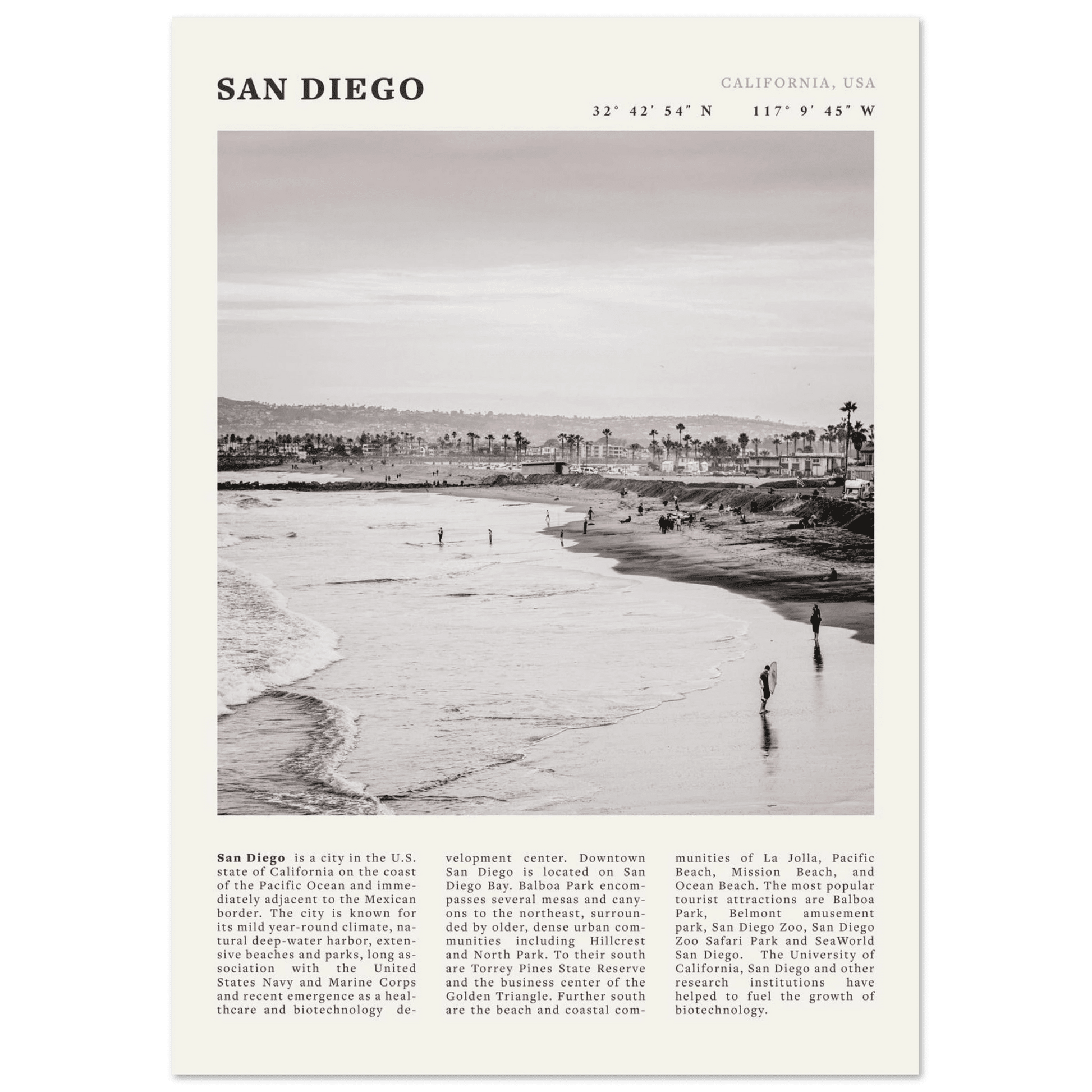 San Diego Poster | Black & White California Beach Wall Art | Coastal Travel Print Decor - Evergreen Posters