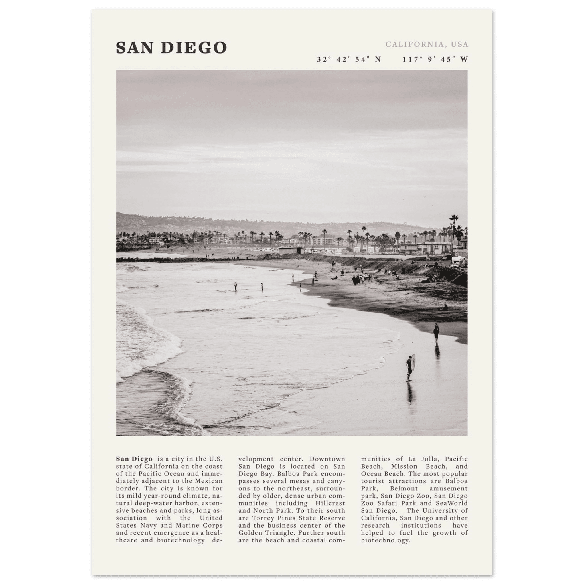 San Diego Poster | Black & White California Beach Wall Art | Coastal Travel Print Decor - Evergreen Posters