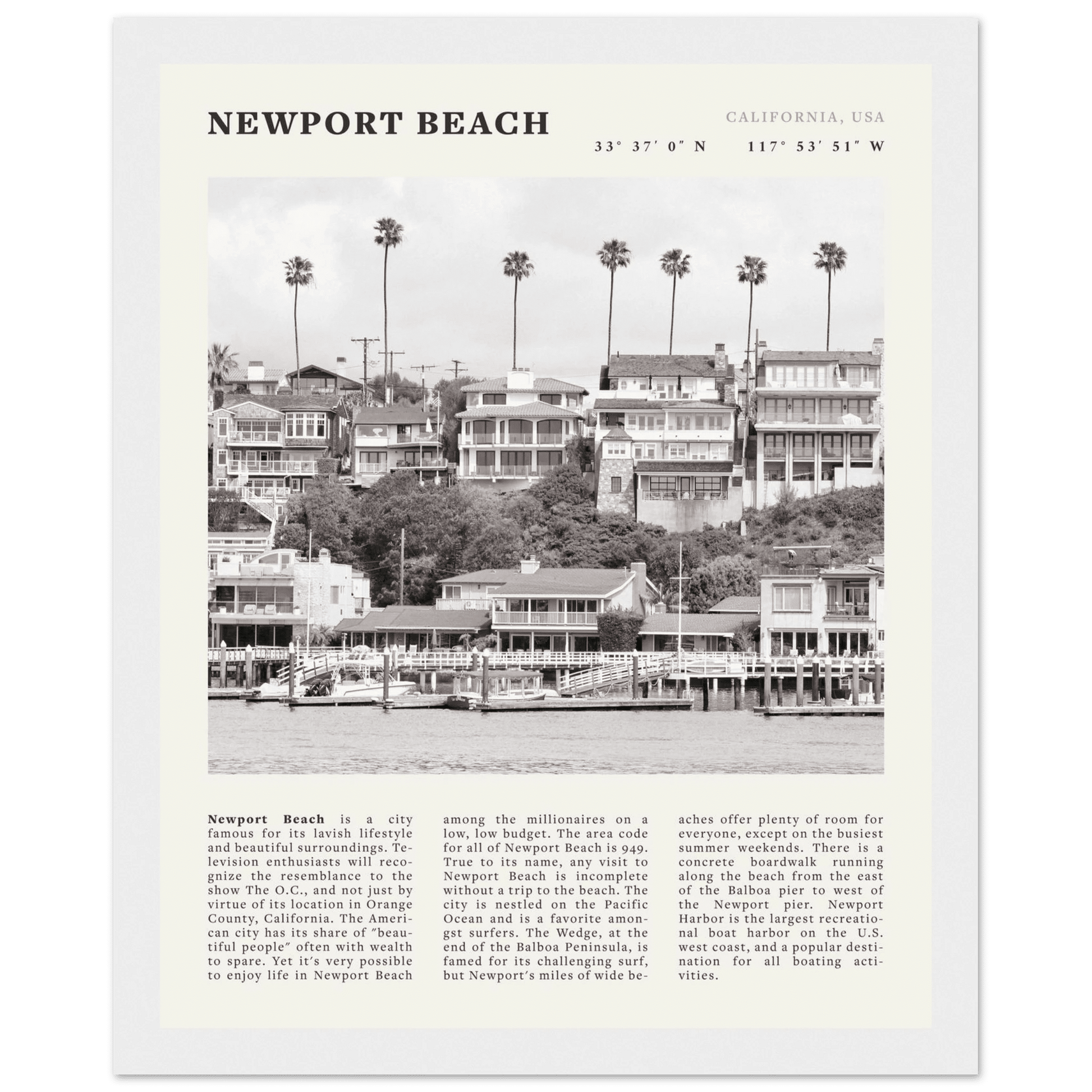 Newport Beach Poster | Black & White California Harbor Wall Art | Coastal Print - Evergreen Posters