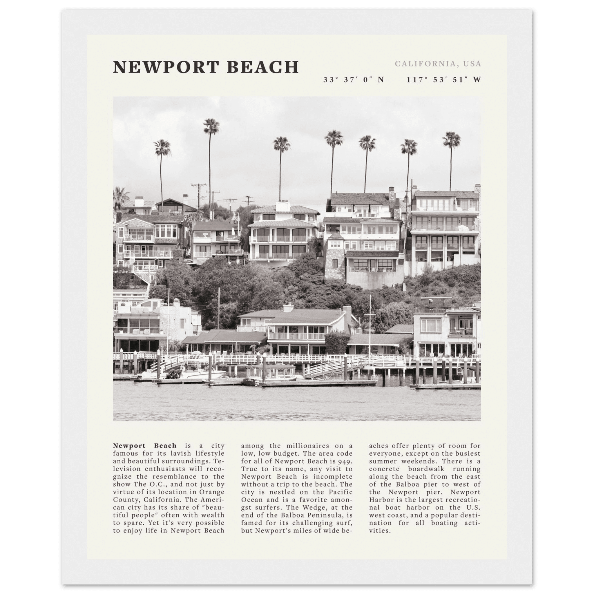 Newport Beach Poster | Black & White California Harbor Wall Art | Coastal Print - Evergreen Posters