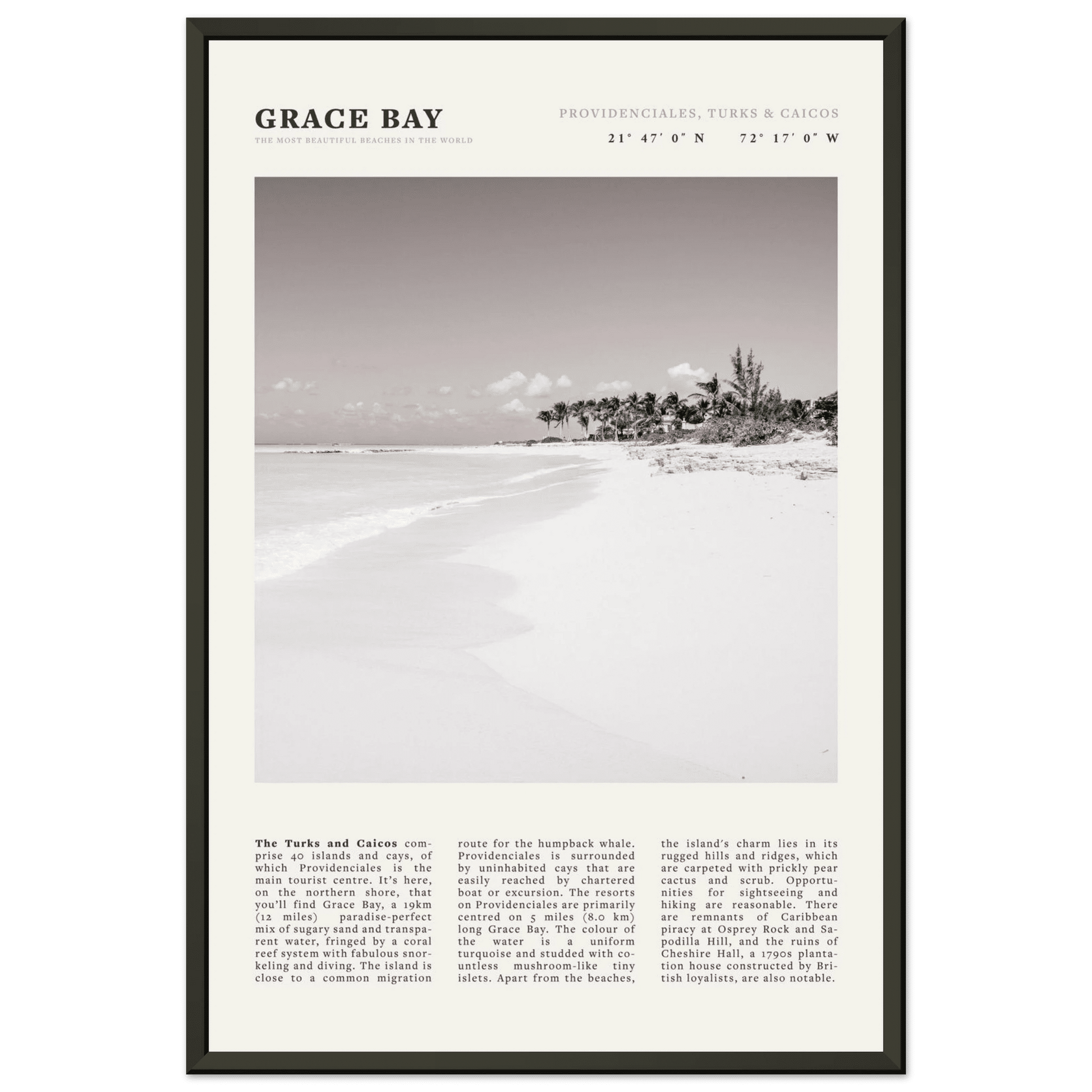 Grace Bay Poster | Black & White Turks & Caicos Wall Art | Caribbean Beach Print - Evergreen Posters