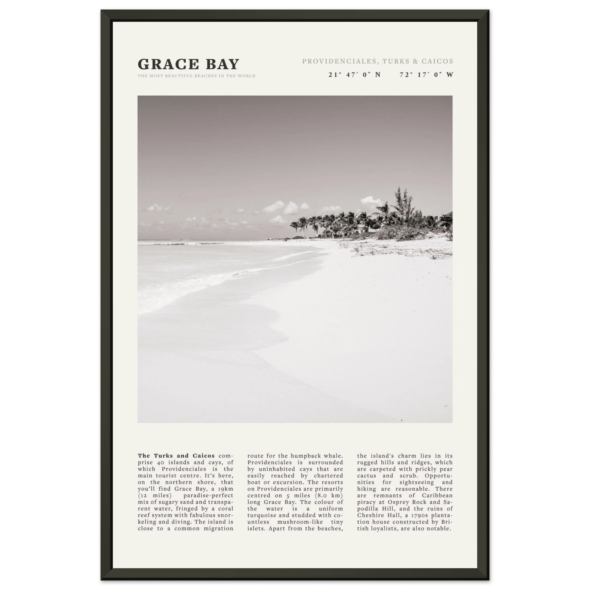 Grace Bay Poster | Black & White Turks & Caicos Wall Art | Caribbean Beach Print - Evergreen Posters