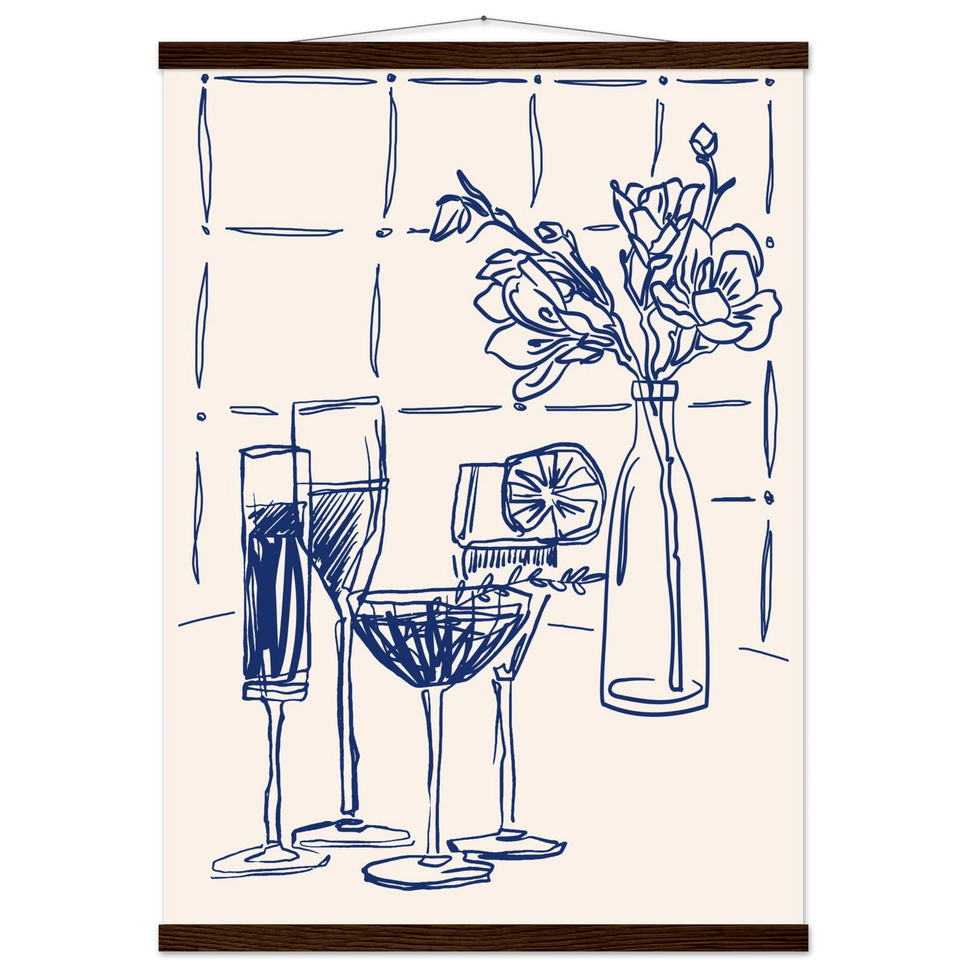 Cocktails & Flowers Print | Navy Blue Line Art Drinks Wall Art | Kitchen Bar Poster - Evergreen Posters
