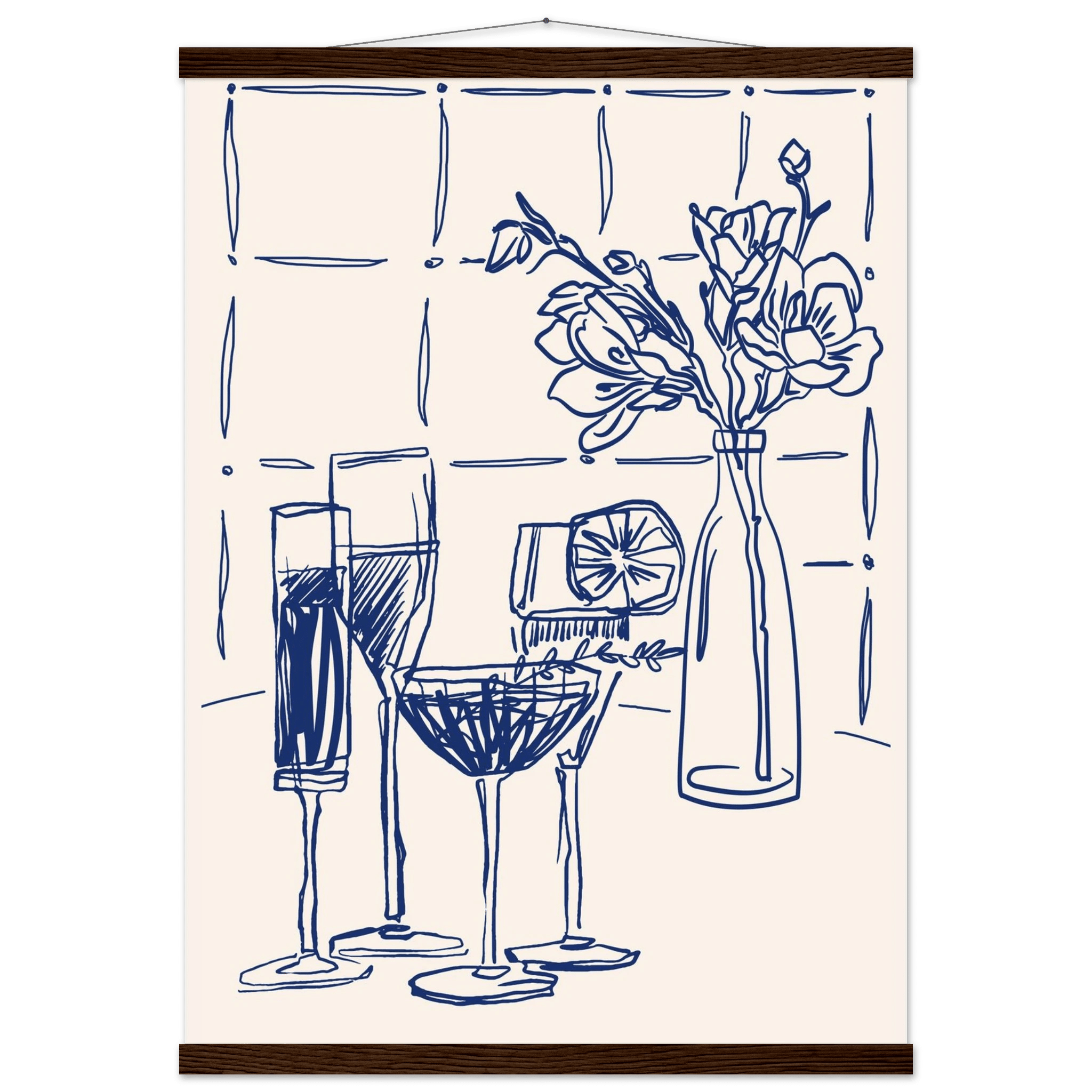 Cocktails & Flowers Print | Navy Blue Line Art Drinks Wall Art | Kitchen Bar Poster - Evergreen Posters